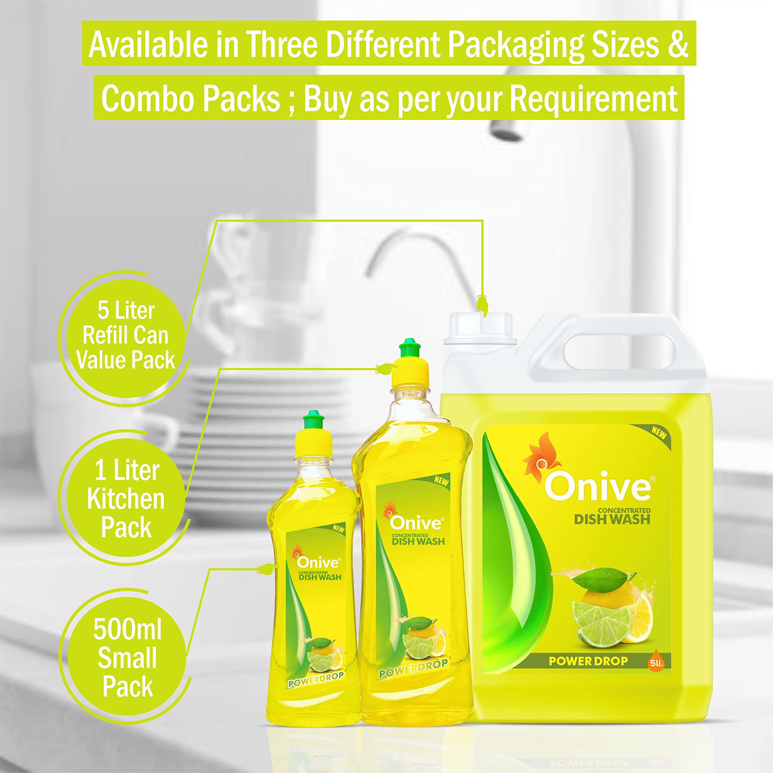 Onive PowerDrop Dishwash Liquid Gel 5L Refill Pack - Lemon Power, No Residue, Concentrated Dishwasher Detergent for All Utensils | Heavy-Duty Kitchen Cleaning for Pots, Pans & Dishes