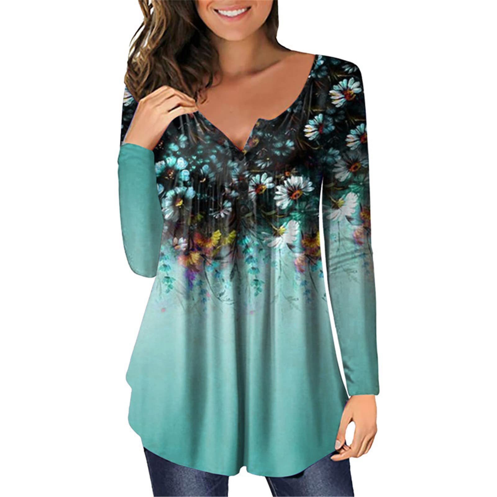 Women's Summer Floral Button Down Pleated Blouse - Square Neck Long Sleeve Flowy Tunic Top | Perfect for Office, Casual Outings & Beach Cover-ups