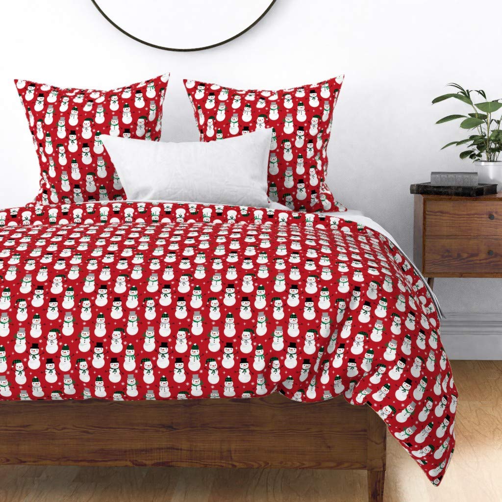 Snowman Winter Holiday Red Christmas Snowflakes Cotton Sateen Duvet Cover - King/California King Size | Festive Bedding for Christmas Decor, Cozy Winter Nights & Holiday Parties
