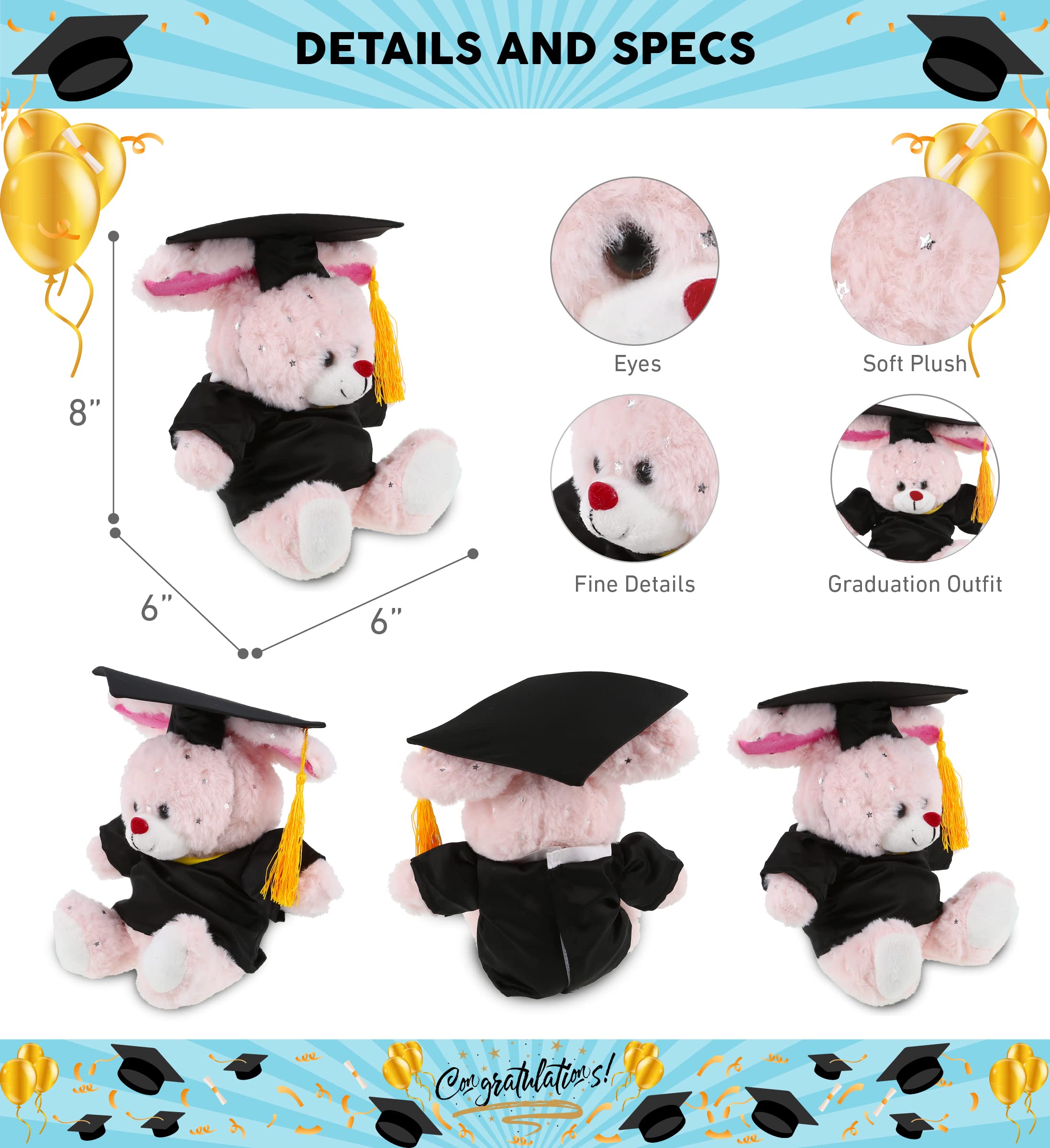 Rose Gold Bunny Graduation Plush Toy - 8 Inch Super Soft Stuffed Animal with Gown & Cap - Personalized Graduation Gift for Kids & Students - Perfect for Graduation Parties, School Celebrations & Gift Giving