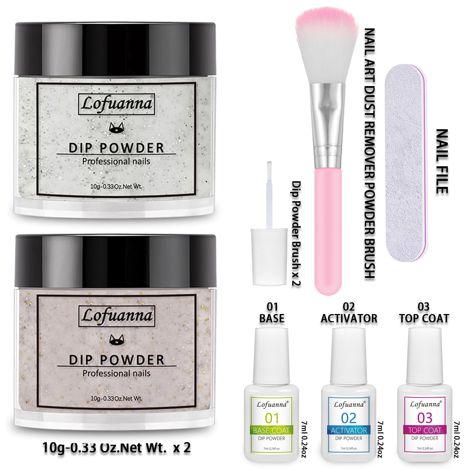 Lofuanna Dip Powder Nail Starter Kit - 2 Colors Nail Dipping Powder with Base, Top Coat & Activator | No UV/LED Light Needed | 9Pcs DIY French Manicure Set for Beginners | Glitter Nail Art Kit | Perfect for Home Salon, Parties & Gift Giving