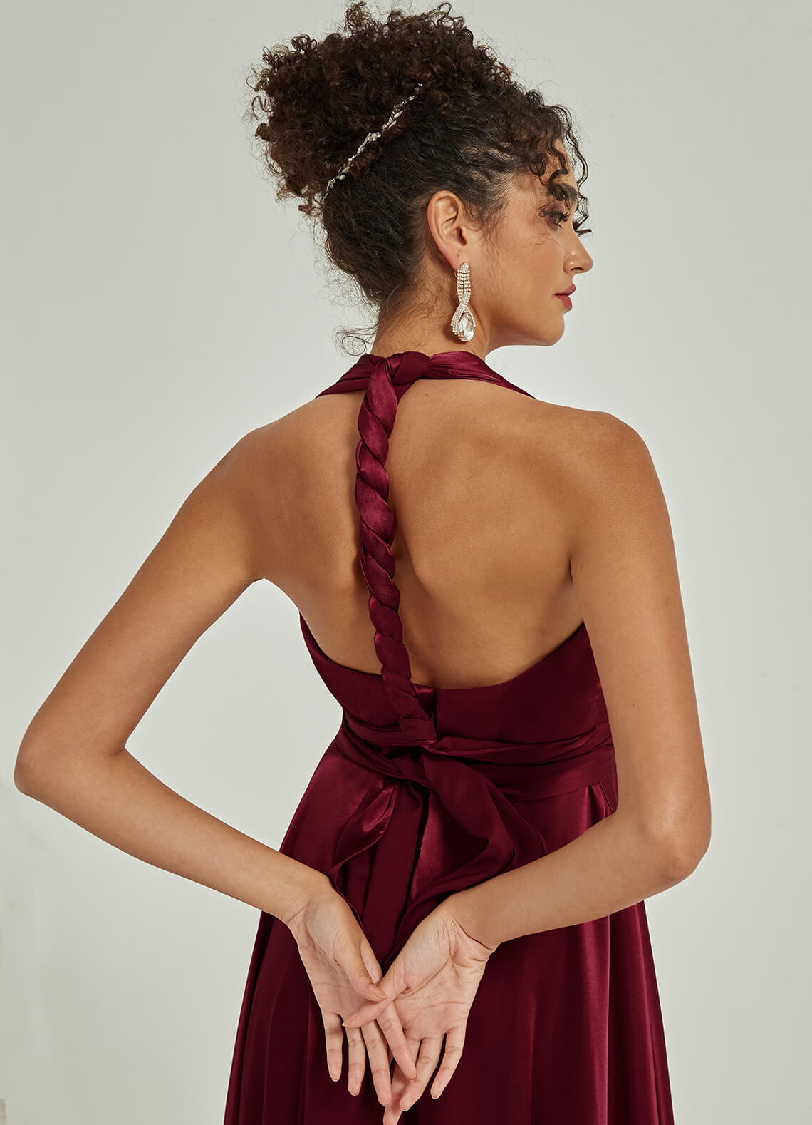Burgundy Satin Convertible Bridesmaid Dress - Multi-Way Wrap A-Line Gown for Weddings, Parties & Formal Events