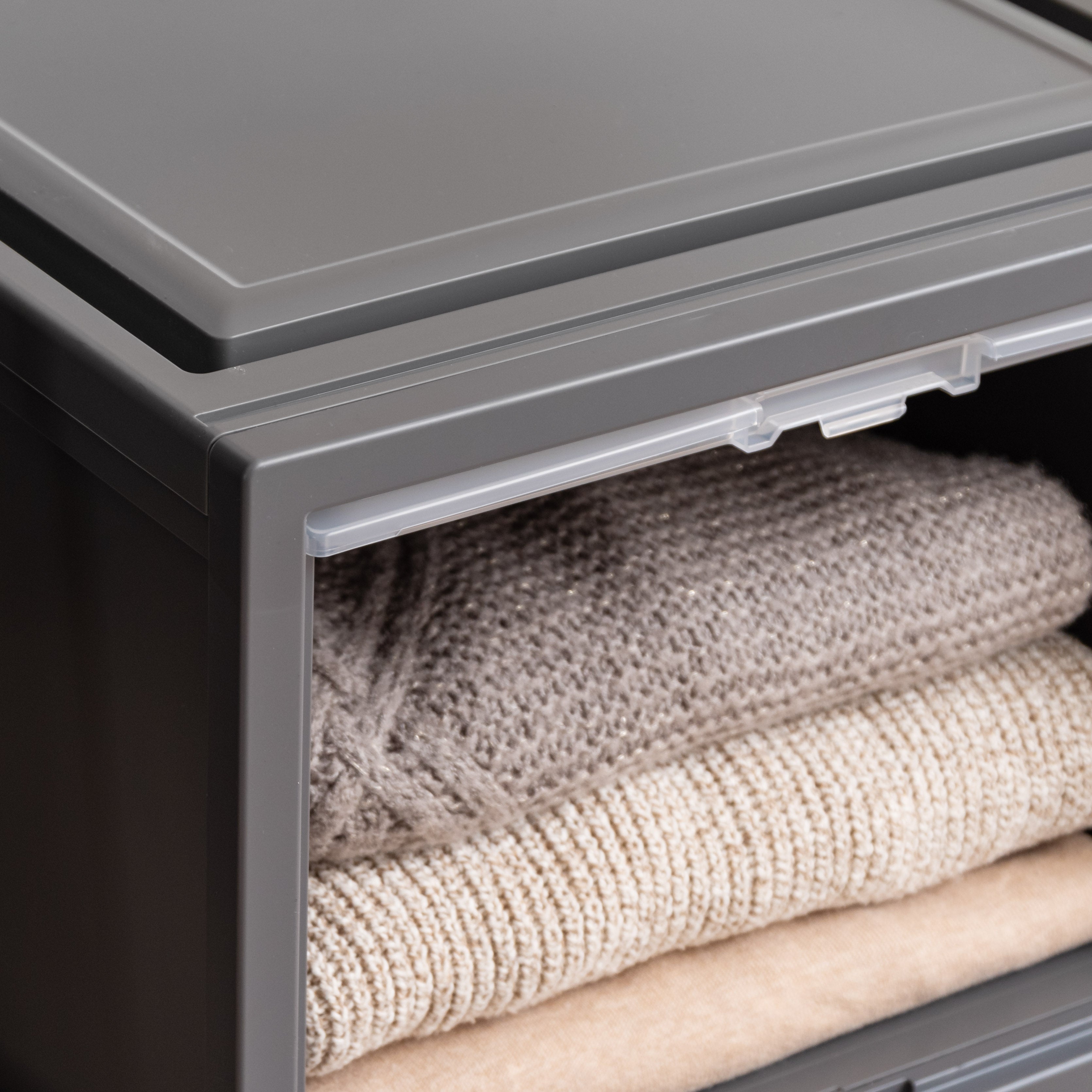 4 Pack Gray Deep Box Chest with Sliding Door - Storage Organizer for Closet, Bedroom, Office & Home Decor