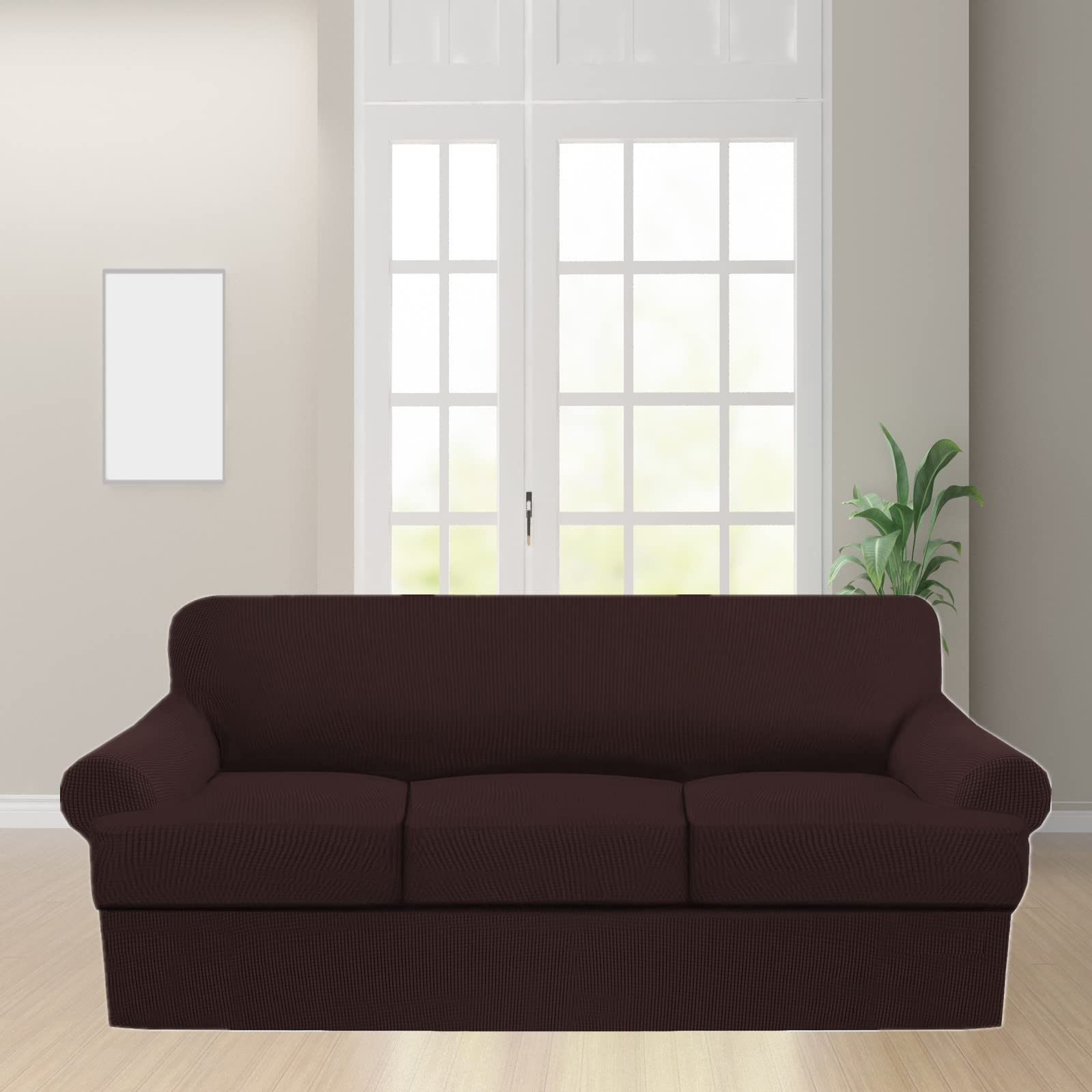4-Piece Stretch Sofa Slipcover Set for T-Cushion Couches - Soft Furniture Protector with 3 Individual T-Cushion Seat Covers (Brown) - Perfect for Living Room, Family Room & Home Decor