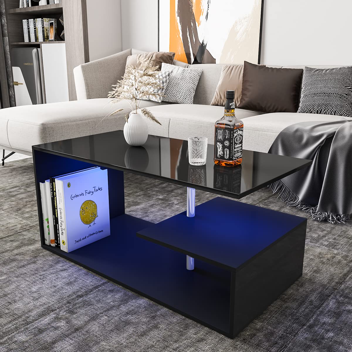 Modern Black LED Coffee Table with 3-Tier S-Shaped Open Storage Shelf - High Gloss Center Sofa Table with Adjustable Lighting - Perfect for Living Room, Home Office & Small Spaces (18