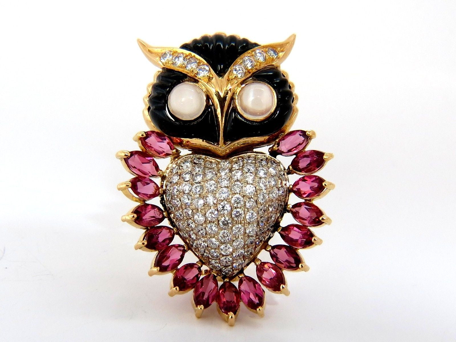 3.90CT Natural Tourmaline Diamonds Moonstone Black Onyx 3D Owl Brooch Pin 18KT Gold - Elegant Jewelry Gift for Women, Perfect for Weddings, Parties & Special Occasions