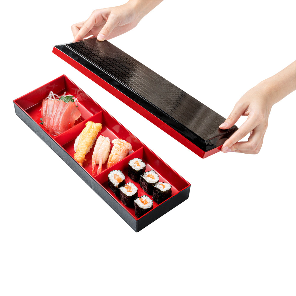Premium Japanese Bento Box - 3 Compartment Black & Red Lunch Container (14