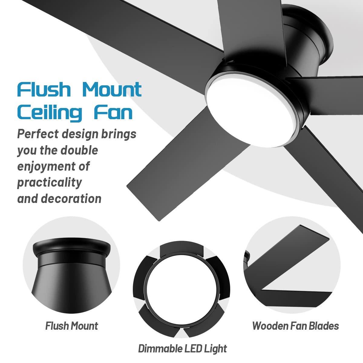 Wurzee 60 Inch Black Flush Mount Ceiling Fan with Light - 6 Speed DC Reversible Motor, Timer & Dimmable LED - 5 Blade Indoor Ceiling Fan for Bedroom, Living Room, Nursery, Patio, Garage, and Shop - Energy Efficient Cooling & Lighting Solution