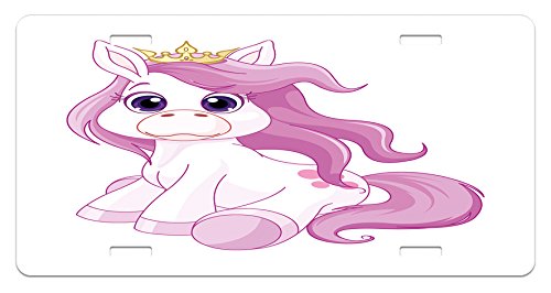Lunarable Horse Cartoon Novelty License Plate - Pink Hair Tiara Pony with Big Eyes, High Gloss Aluminum, 5.88