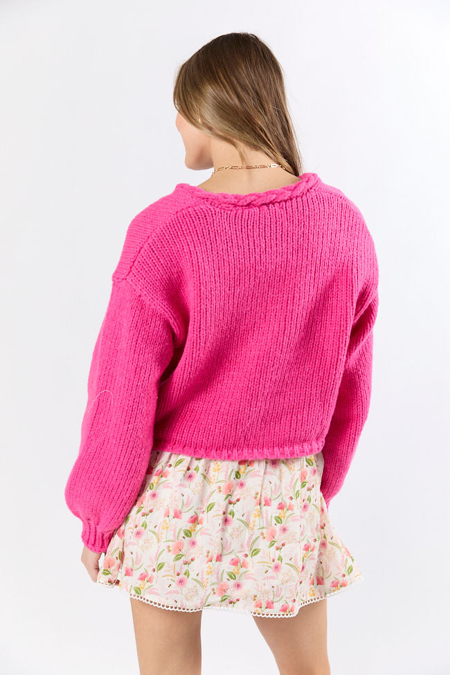 Limitless Love Hot Pink Braided Trim Tie Front Cardigan | Cozy Knit Sweater for Women | Perfect for Date Nights & Casual Outfits