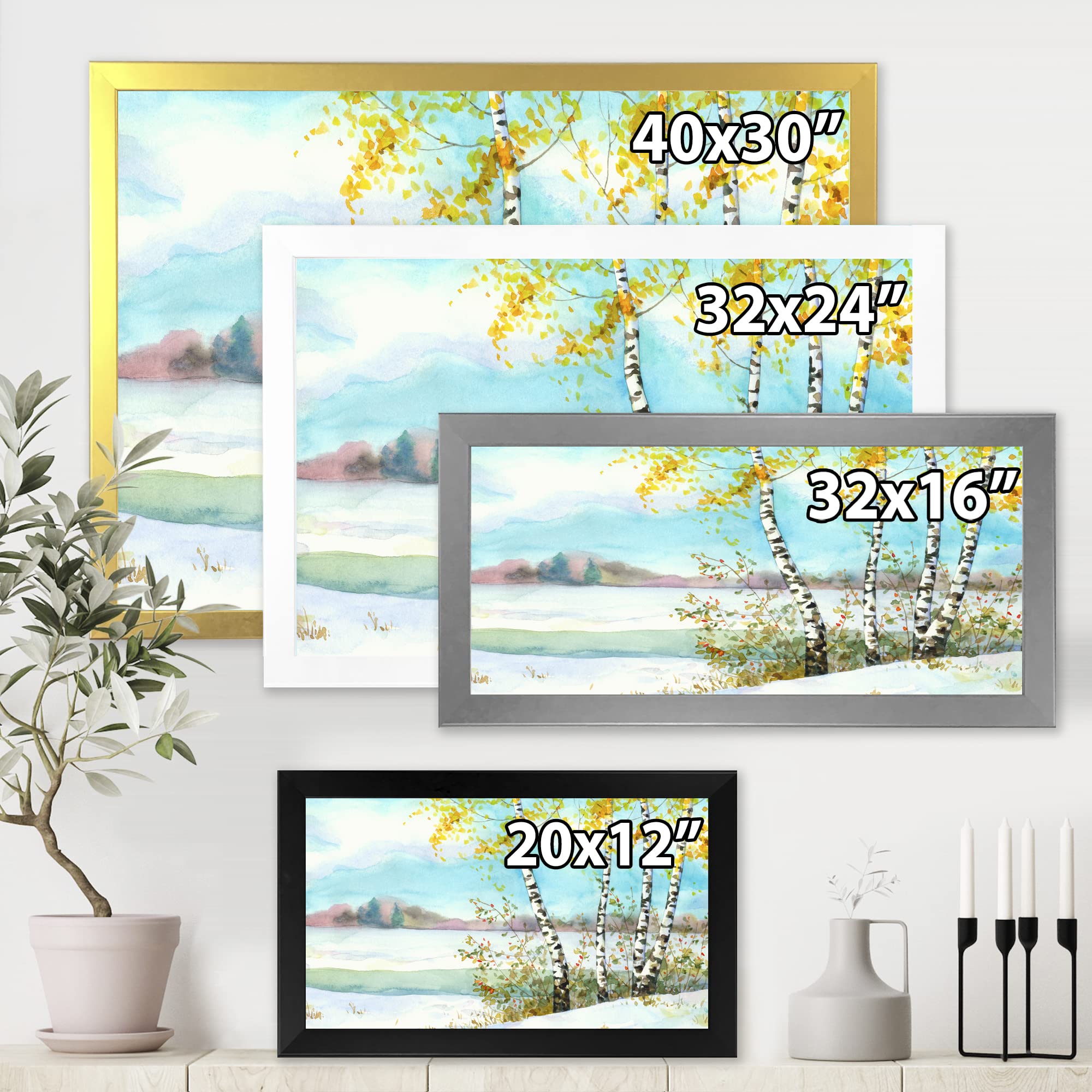 DesignQ Framed Wall Art - Winter Birch Trees Snowy Landscape Painting for Lake House Decor | Perfect for Living Room, Bedroom & Office