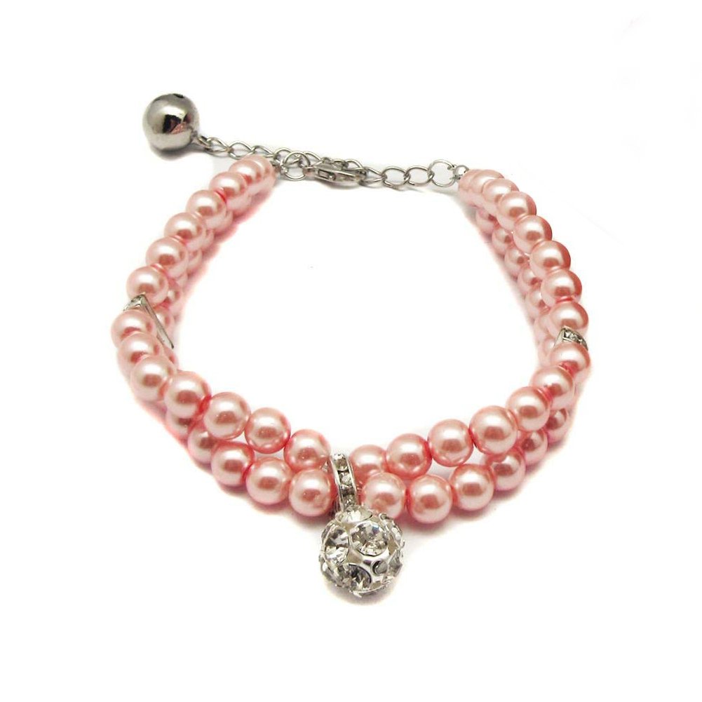 Luxury 2 Row Pearls Rhinestone Pet Collar Necklace with Crystal Ball Charm - Adjustable 8-10 Inch Bling Jewelry for Small Dogs, Cats, Puppies, Chihuahuas & Yorkies (Pink) - Perfect for Parties, Photos & Special Occasions