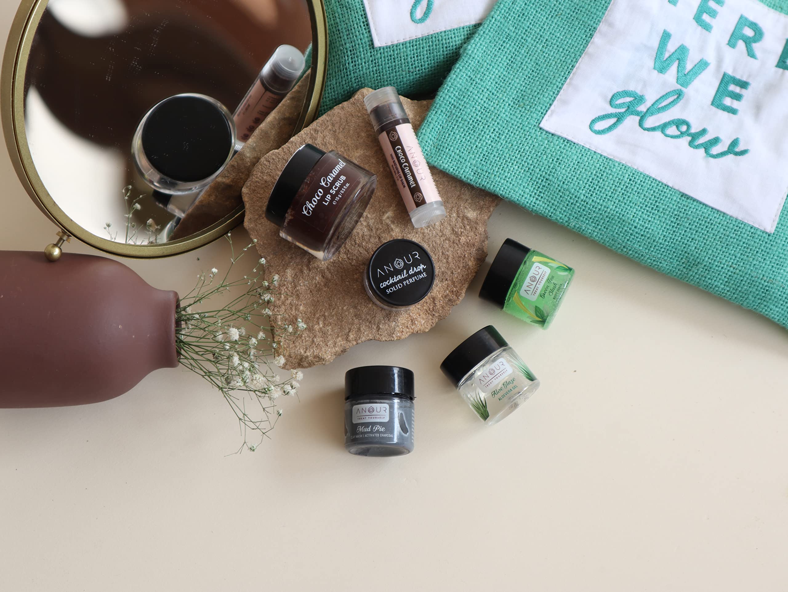 Anour Travel Friendly Skincare Kit | Natural Face & Body Care Set for All Skin Types | Unisex Mini Toiletries (6-Piece) with Eco-Friendly Jute Pouch | Perfect for Airplane Carry-On, Gym Bag & Weekend Getaways