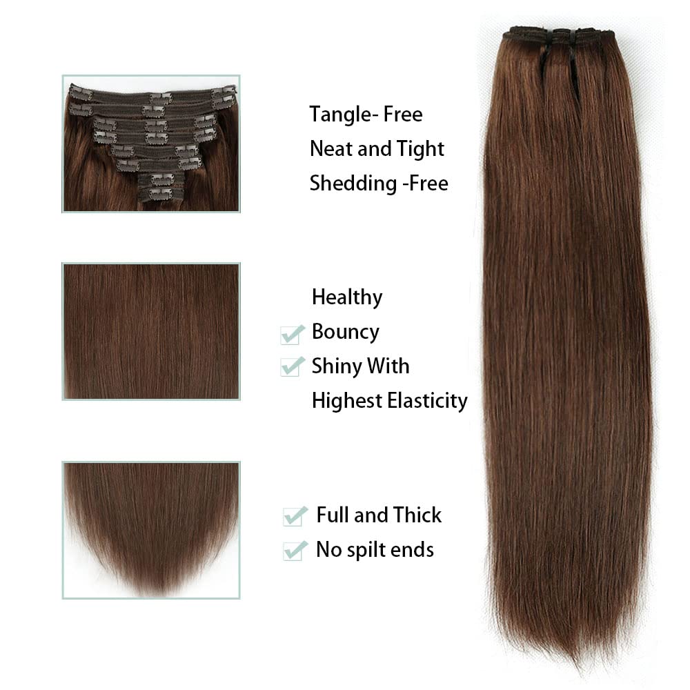 Brazilian Virgin Human Hair Clip in Extensions for Women - 8Pcs Straight Remy Hair with 18 Clips & Double Lace Weft (120g, 24inch, #4 Chocolate Brown) - Perfect for Daily Styling, Parties & Special Occasions