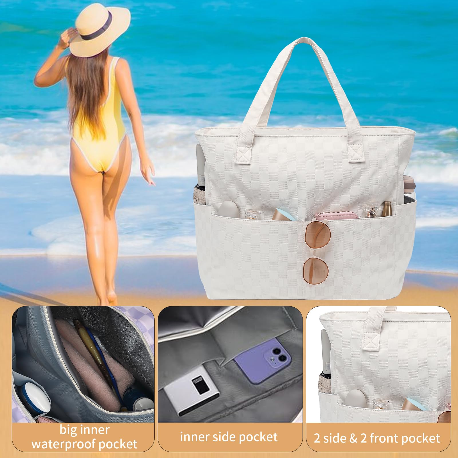 Waterproof & Sandproof Beach Tote Bag for Women - Large Zippered Pool Bag with Wet Pocket - Perfect for Gym, Grocery Shopping, Travel & Beach Outings