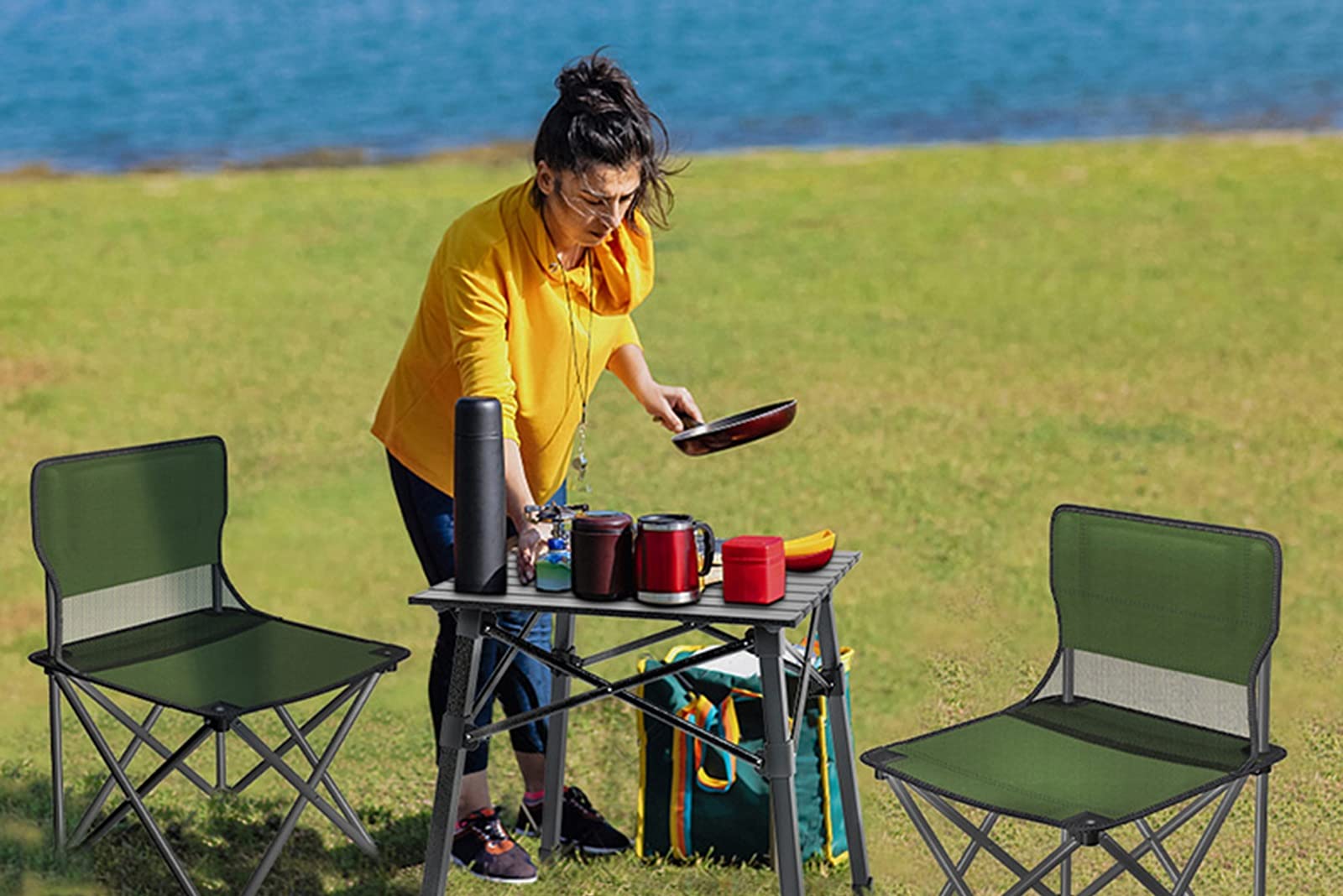 Portable Folding Camping Table and Chairs Set with Cup Holder & Carry Bag - Lightweight Oxford Cloth Picnic Table for Outdoor, Backyard, Beach, Hiking (3-Piece) - Perfect for Camping Trips, BBQs, Tailgating & Garden Parties