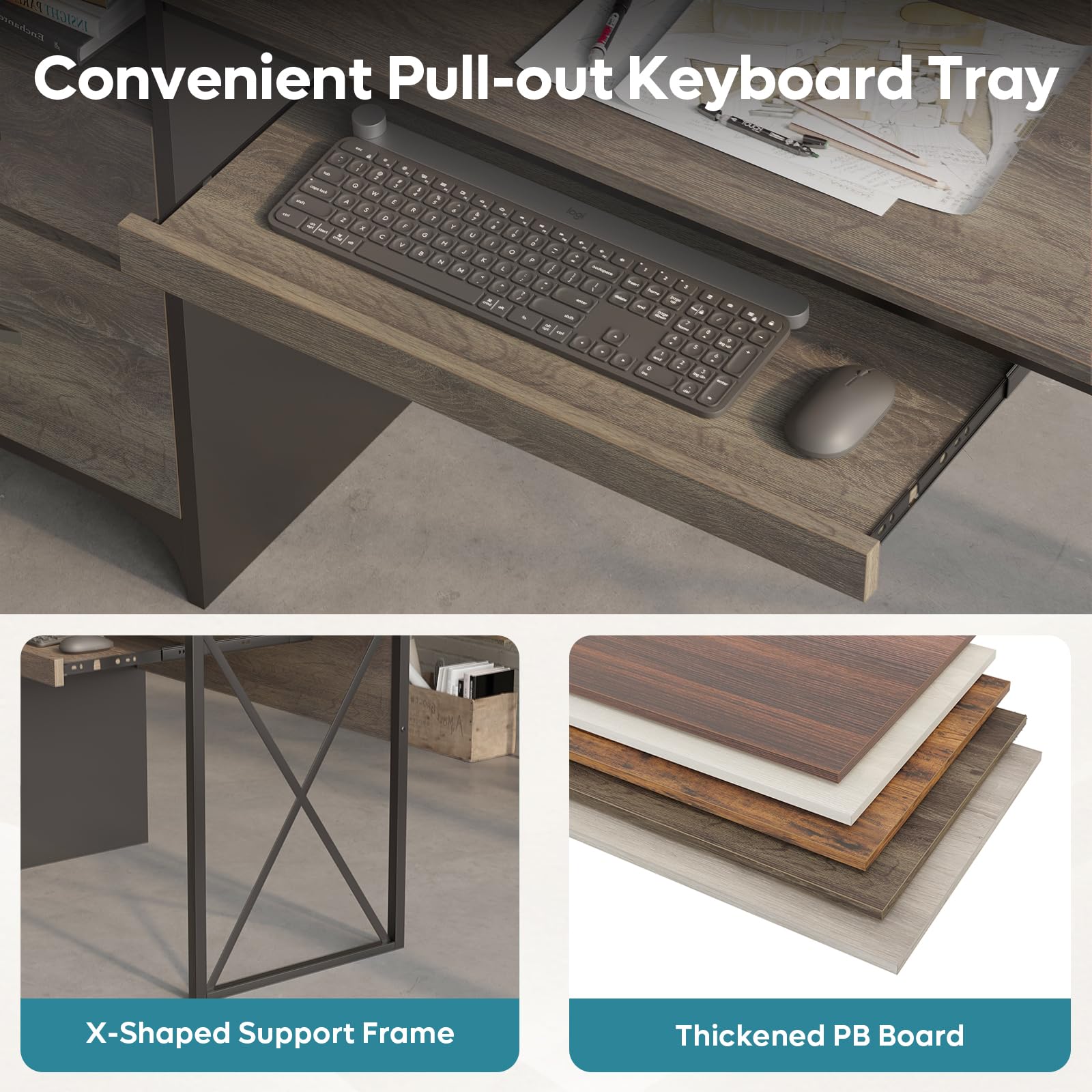 Bestier 55 Inch Industrial Office Desk with Drawers & Keyboard Tray - Wooden Computer Desk with Storage, File Drawer for Home Office - Dark Gray Oak - Perfect for Remote Work, Online Teaching & Small Space Workstations