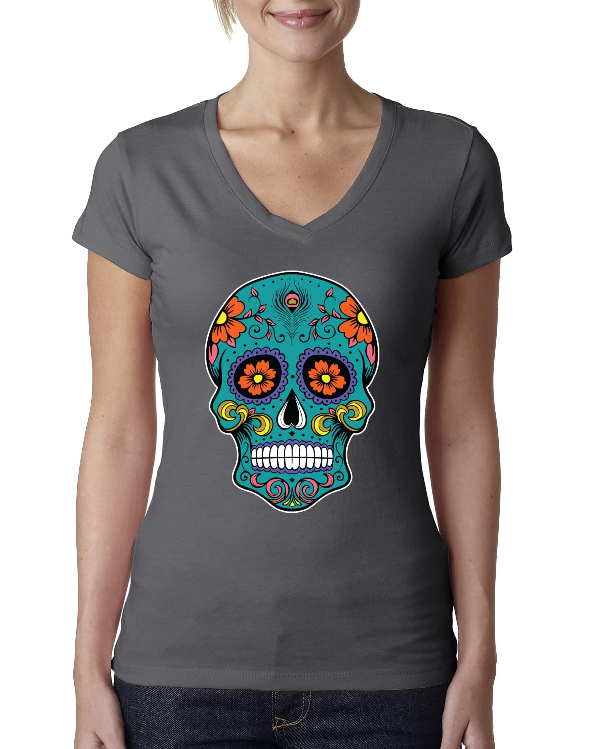 Day of The Dead Sugar Skull Women's V-Neck T-Shirt | Pop Culture Graphic Tee | Junior Fit Casual Top for Halloween, Dia de los Muertos & Festival Outfits