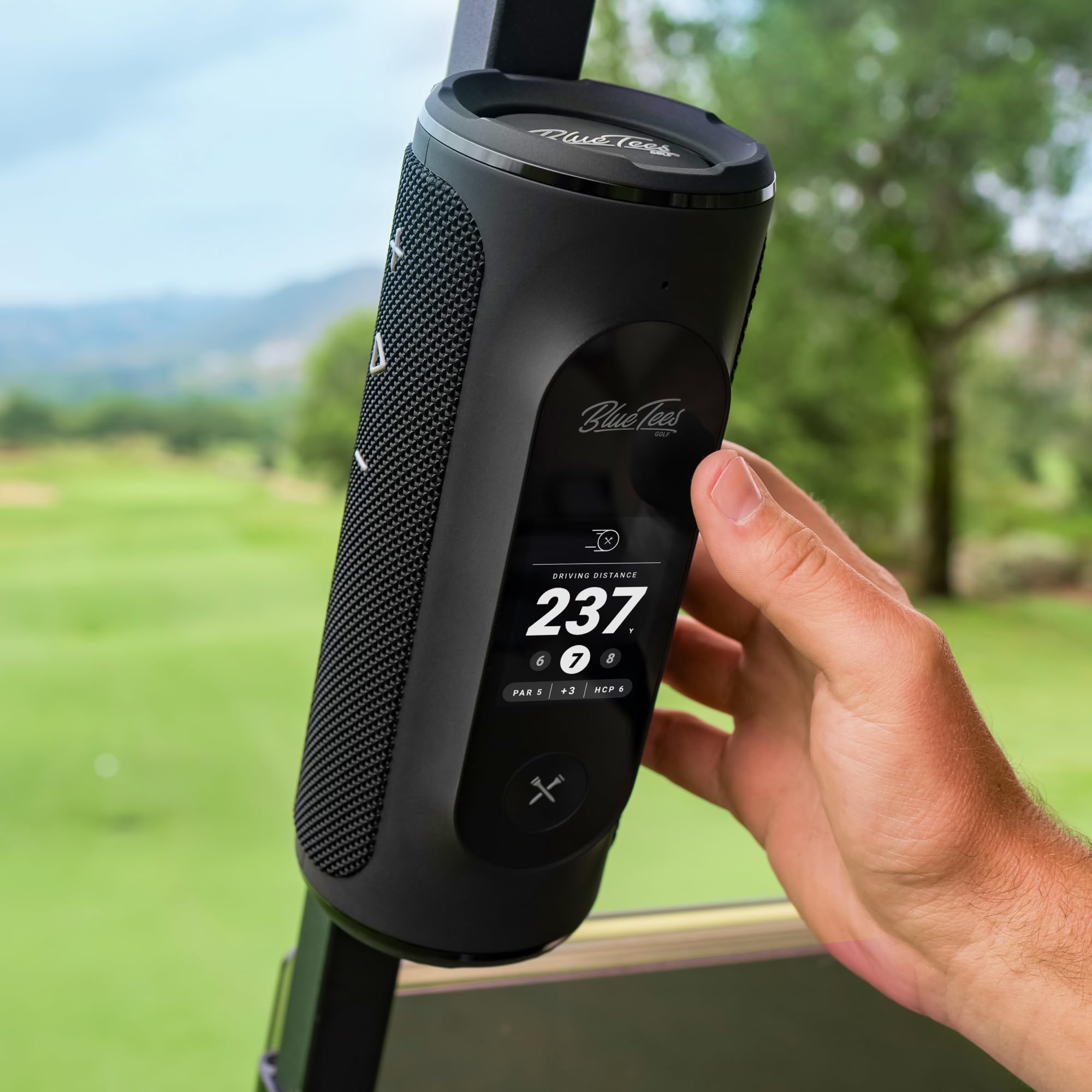 Blue Tees Golf Player+ GPS Speaker with Touch Screen Display | 10+ Hours Battery Life | 40,000+ Preloaded Golf Courses | Visual & Audible Distance Measurements | Hazard Detection | IPX7 Waterproof (Black) | Perfect for On-Course Practice, Driving Range, and Tournament Play