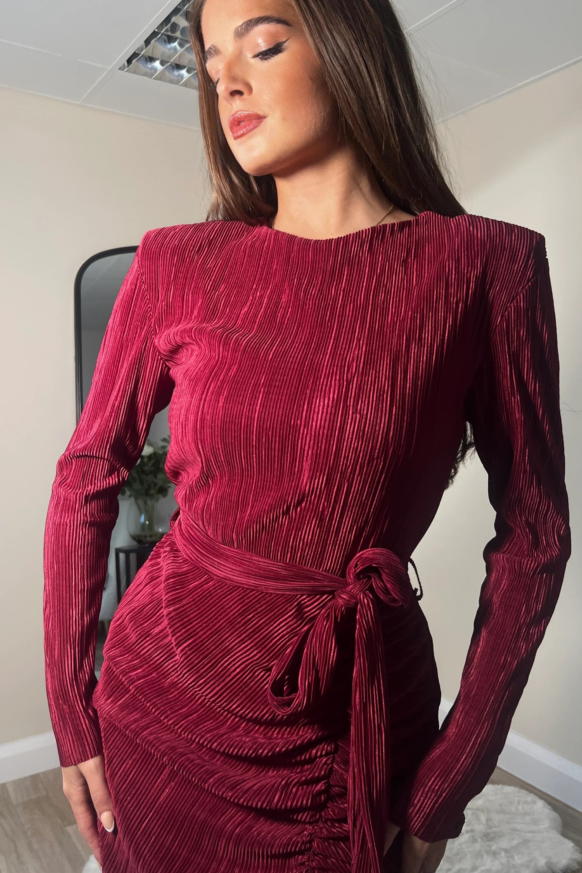 Elena Long Sleeve Ruched Seamed Midi Dress in Wine Red - Elegant Bodycon Party Dress for Women, Perfect for Cocktail Parties, Date Nights & Formal Events