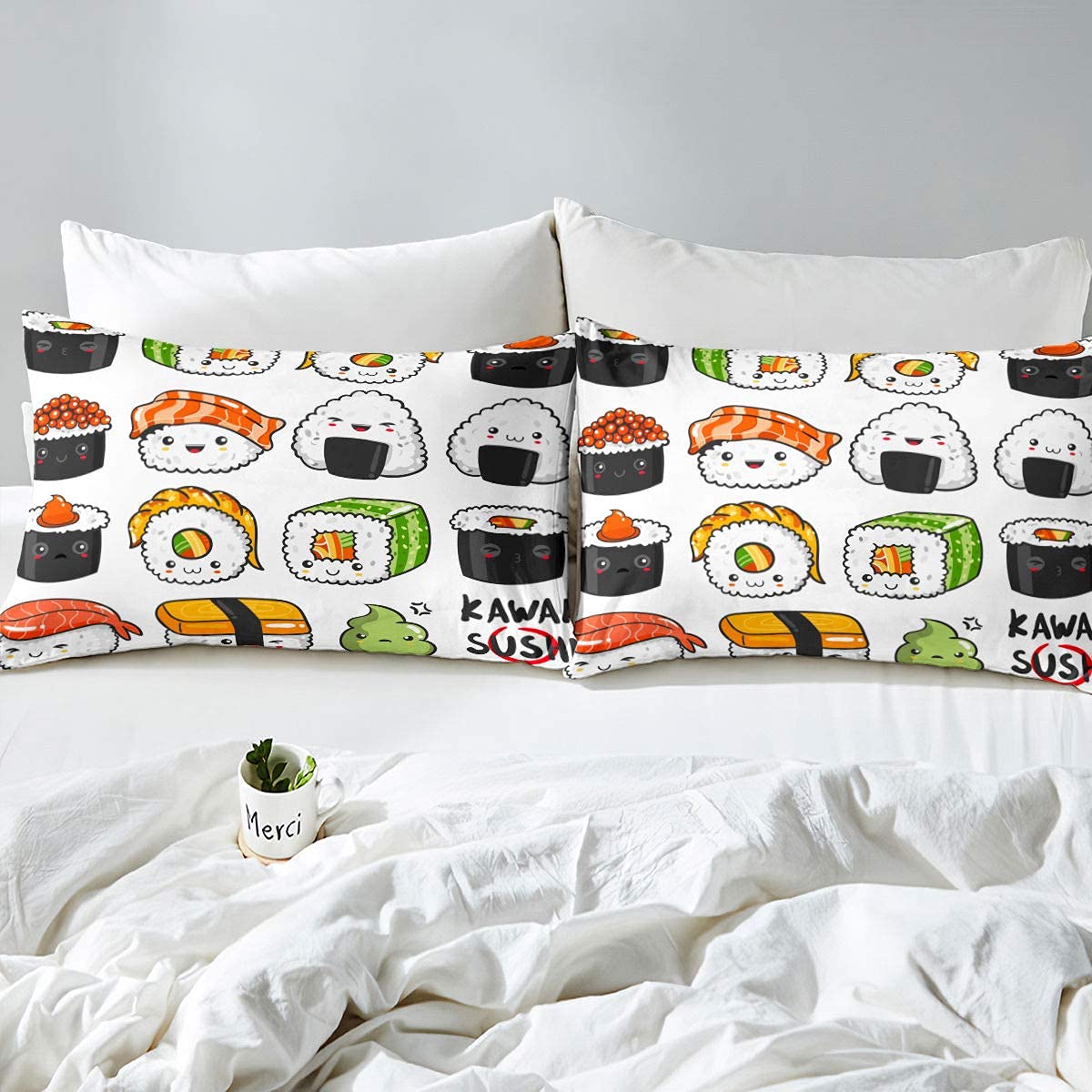 Erosebridal Japanese Sushi Pattern Bedding Set Full Size, Cute Cartoon Sushi Duvet Cover Set for Kids Boys Girls Teens, Food Themed Comforter Cover - Perfect for Anime Lovers' Bedroom Decor & Themed Sleepovers