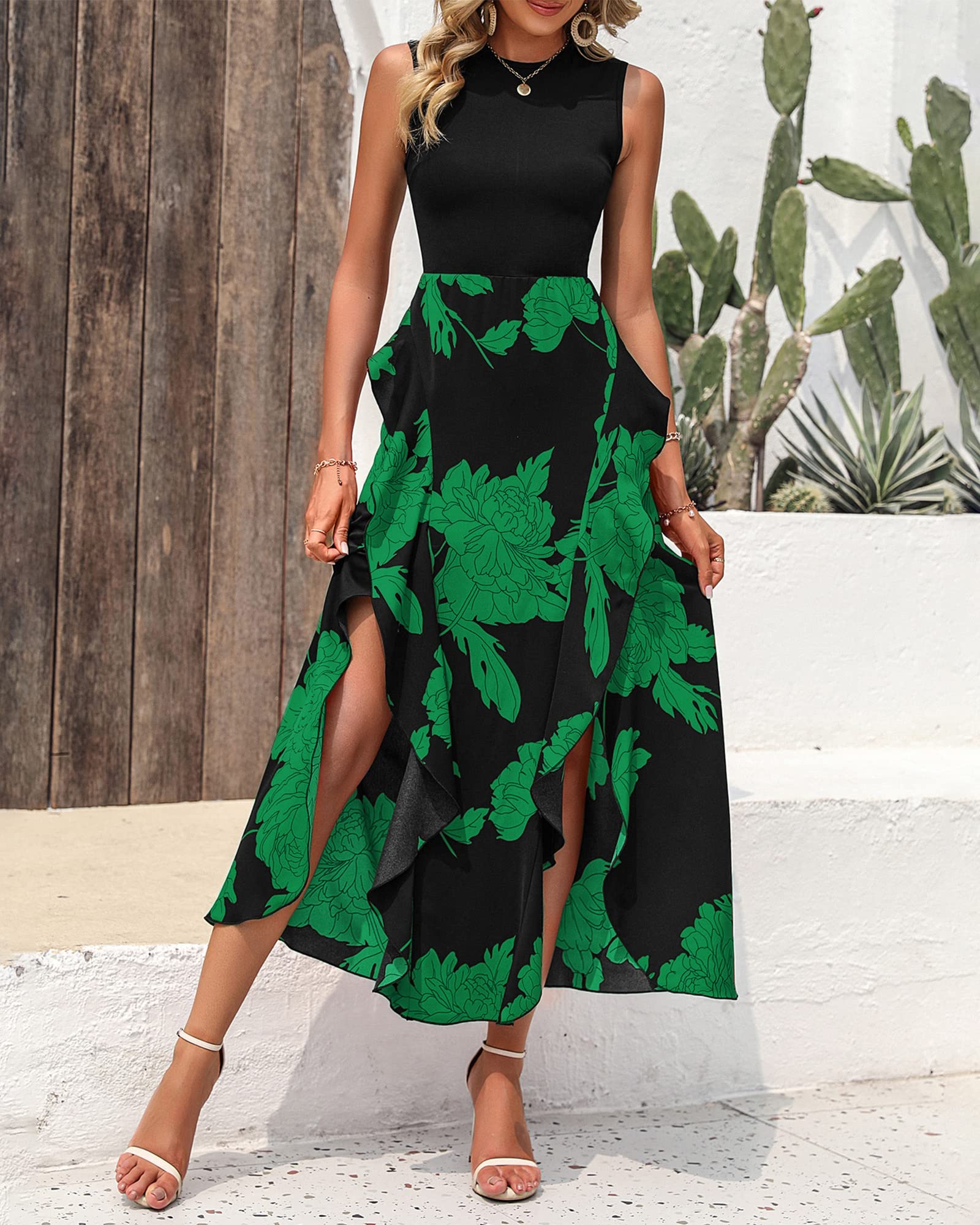 BTFBM Women's Casual Sleeveless Summer Dress 2025 - Boho Floral Patchwork Midi Dress with Ruffles for Spring Cocktail Party | Beach Vacation, Date Night, Summer Outfits