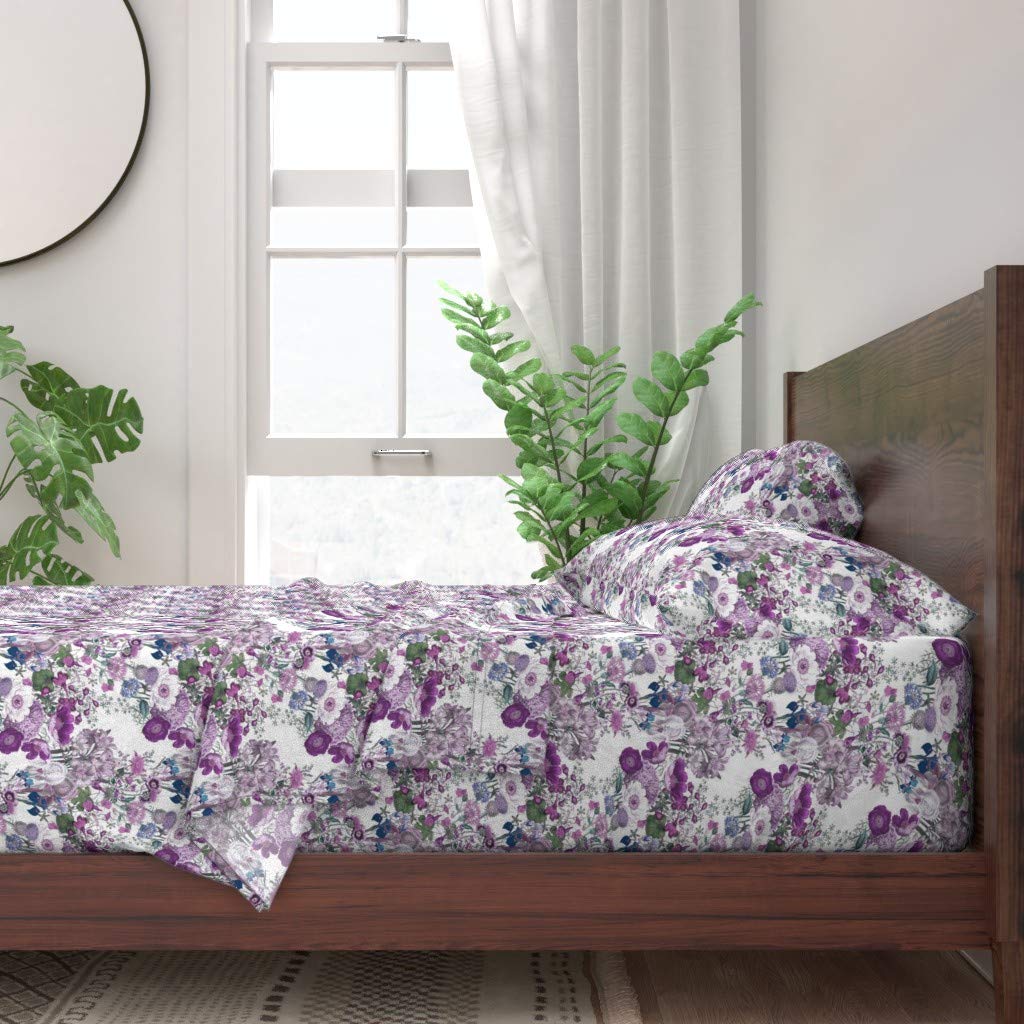 100% Cotton King Size 4-Piece Sheet Set with Floral Print - Purple Lavender Botanical Vine Design for Custom Bedding | Perfect for Master Bedroom, Guest Room & Luxury Home Decor