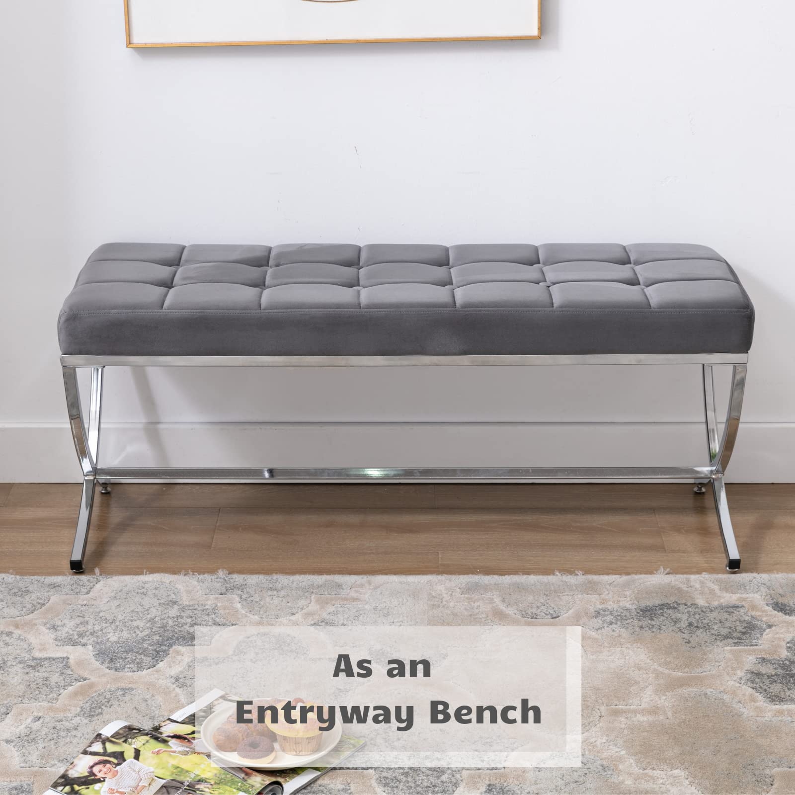 Modern Velvet Upholstered Dining Bench with Button Tufted Design & Sturdy Metal Legs - Grey Ottoman Footstool for Kitchen Table, Living Room Seating & Entryway Decor