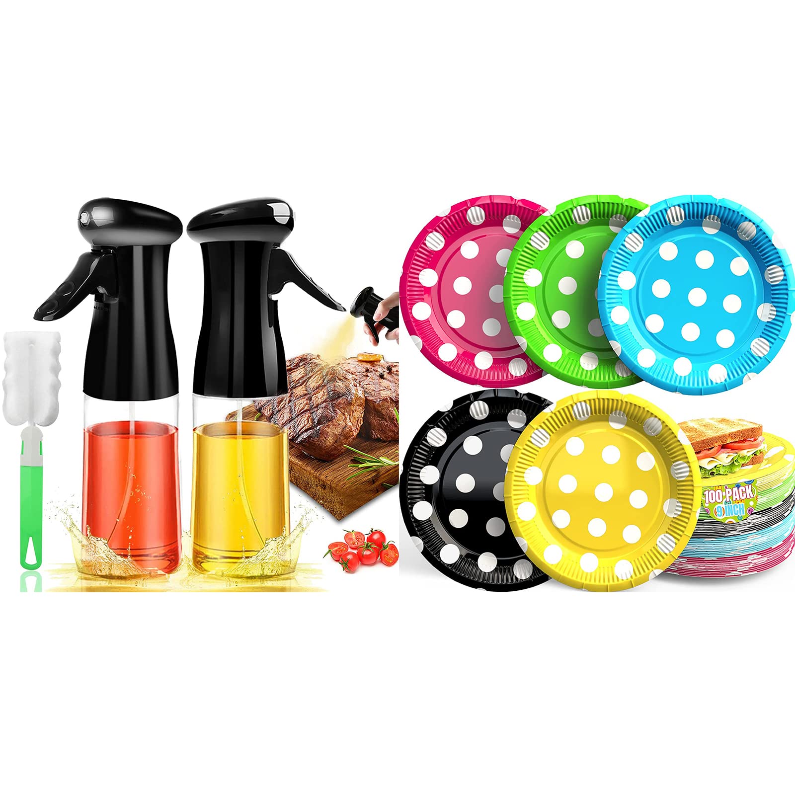 Premium Food Grade Olive Oil Spray Mister - Healthy Cooking Oil Sprayer for Air Fryer, Baking & Grilling | 100-Pack 9 Inch Disposable Paper Plates for Parties, Weddings & Outdoor Events | Essential Kitchen Gadgets for Healthy Meal Prep & Easy Cleanup