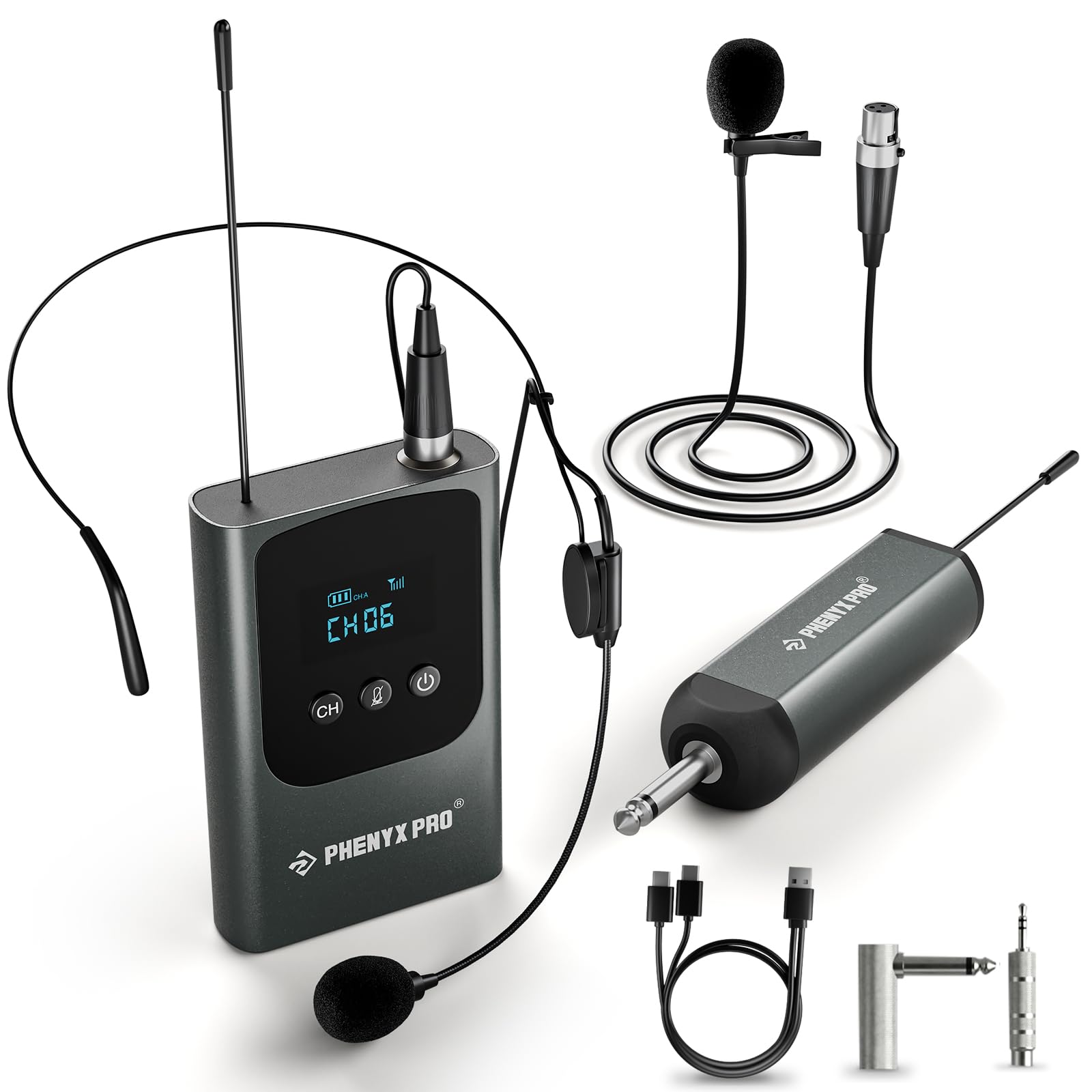 Phenyx Pro Single Digital Wireless Microphone System with Mini Receiver & Bodypack Transmitter - 15-Channel 900MHz UHF Band for Karaoke, Singing, Church & Wedding - Includes Headset & Lapel Mic (PDP-1-1B) - Perfect for Live Performances, Public Speaking & Events