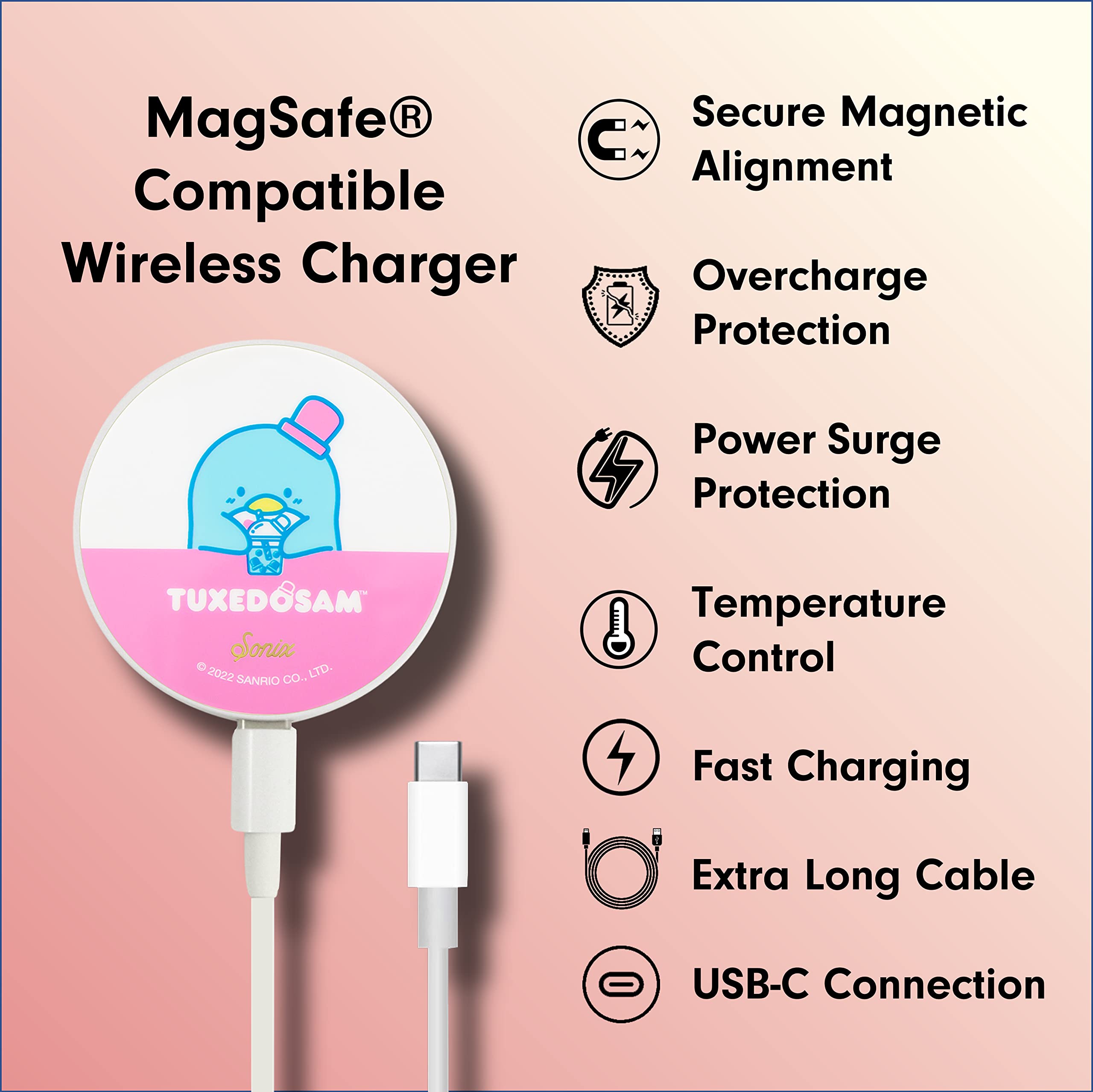 Sanrio x Sonix MagSafe Wireless Charger for iPhone 15/14/13/12 - Fast Qi Charging with 6.5ft USB-C Cable (Tux Boba Design) | Perfect for Home, Office & Travel Charging