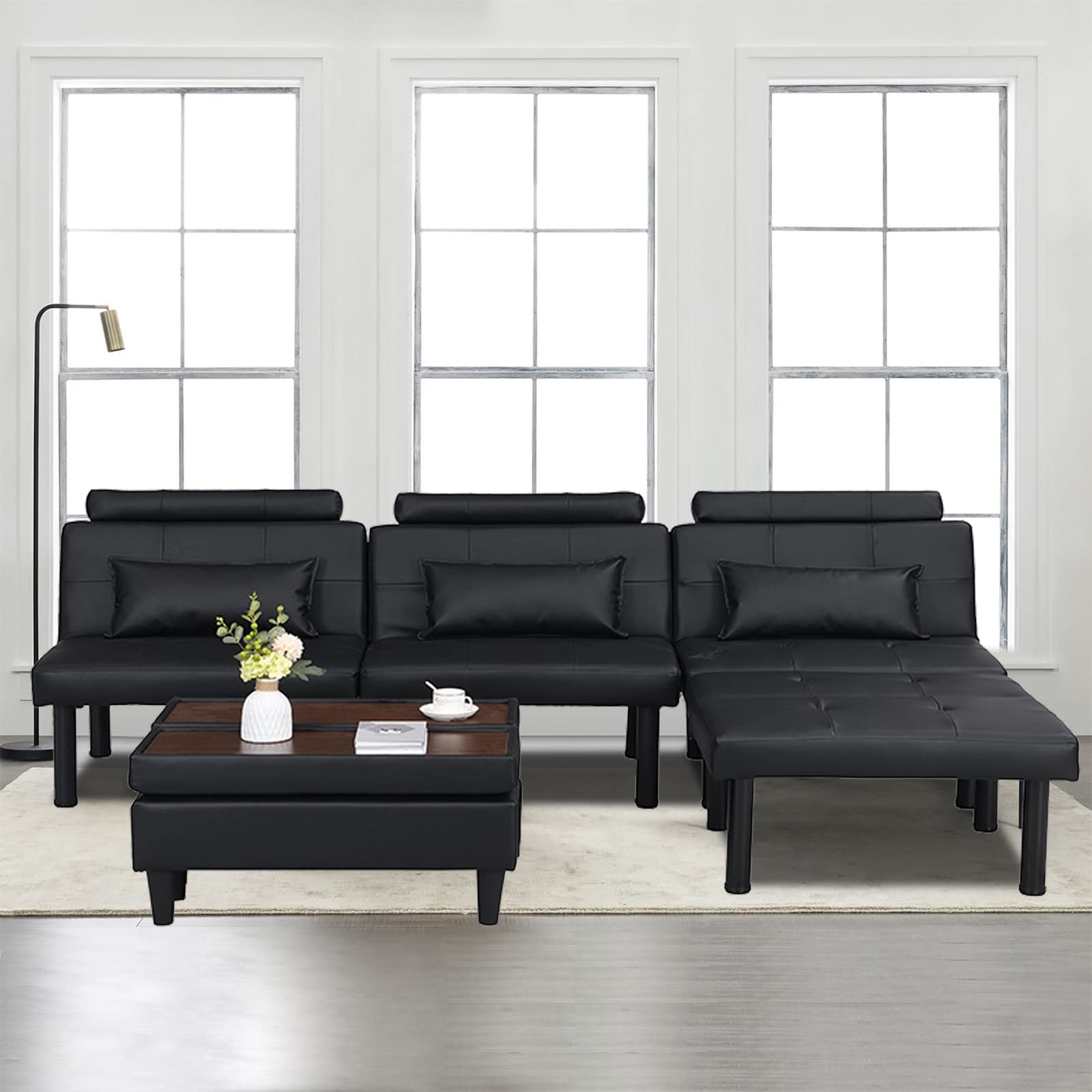 URRED Convertible Futon Sofa Bed with Storage Ottoman & 2 Lumbar Pillows - Adjustable Tufted Sleeper Couch for Small Spaces, Black - Perfect for Studio Apartments, Guest Rooms & Home Offices