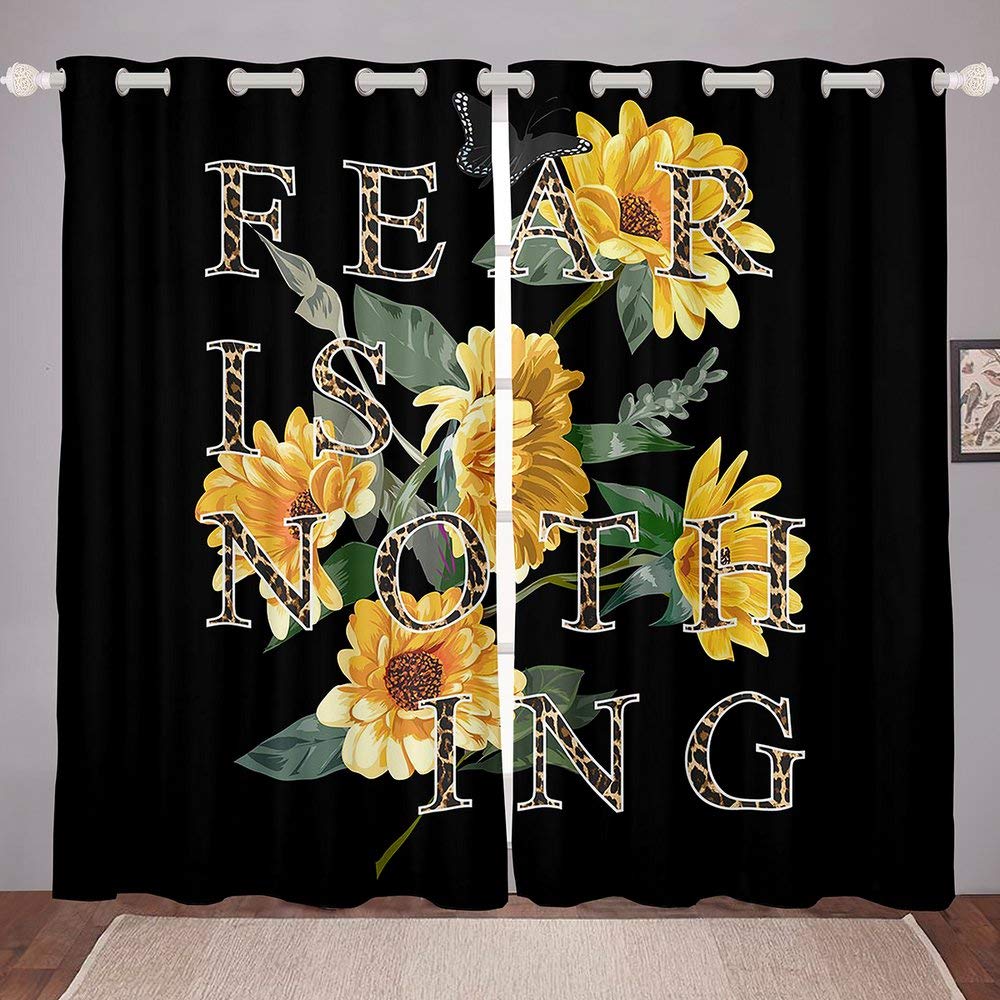 Sunflower Window Curtain Panels for Women, Kids & Teens - Floral Farmhouse Drapes 38x45 Inches - Black Plant-Themed Bedroom Decor for Cozy Living Room & Nursery