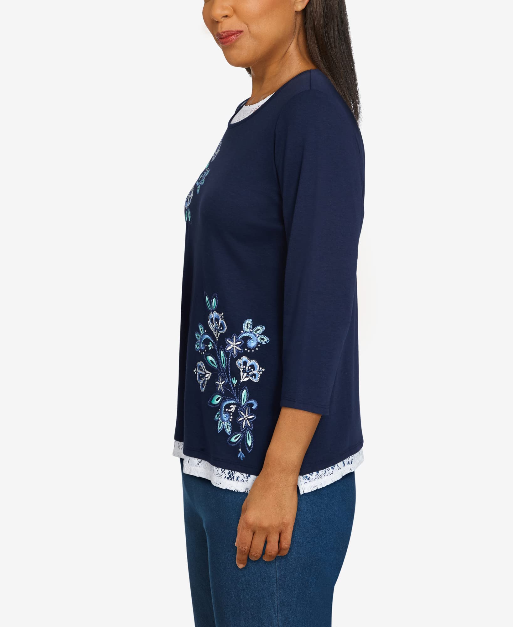 Alfred Dunner Women's Petite Floral Embroidery Blouse with Lace Trim - Floral Print Summer Tops for Casual Wear & Office Outfits