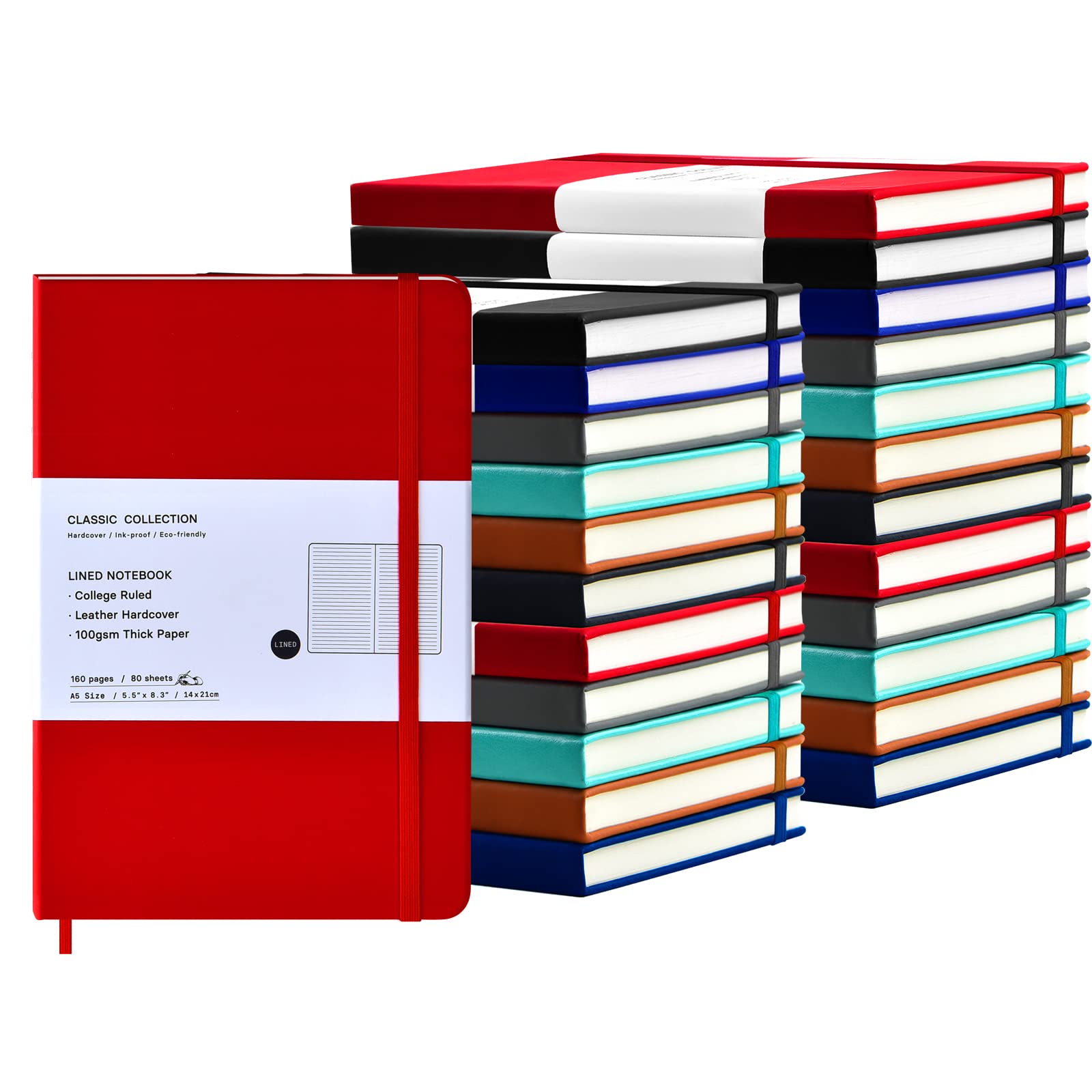 Coopay 24 Pack A5 Lined Hardcover Leather Journals - 160 Pages, 100GSM Thick Paper, 8.3