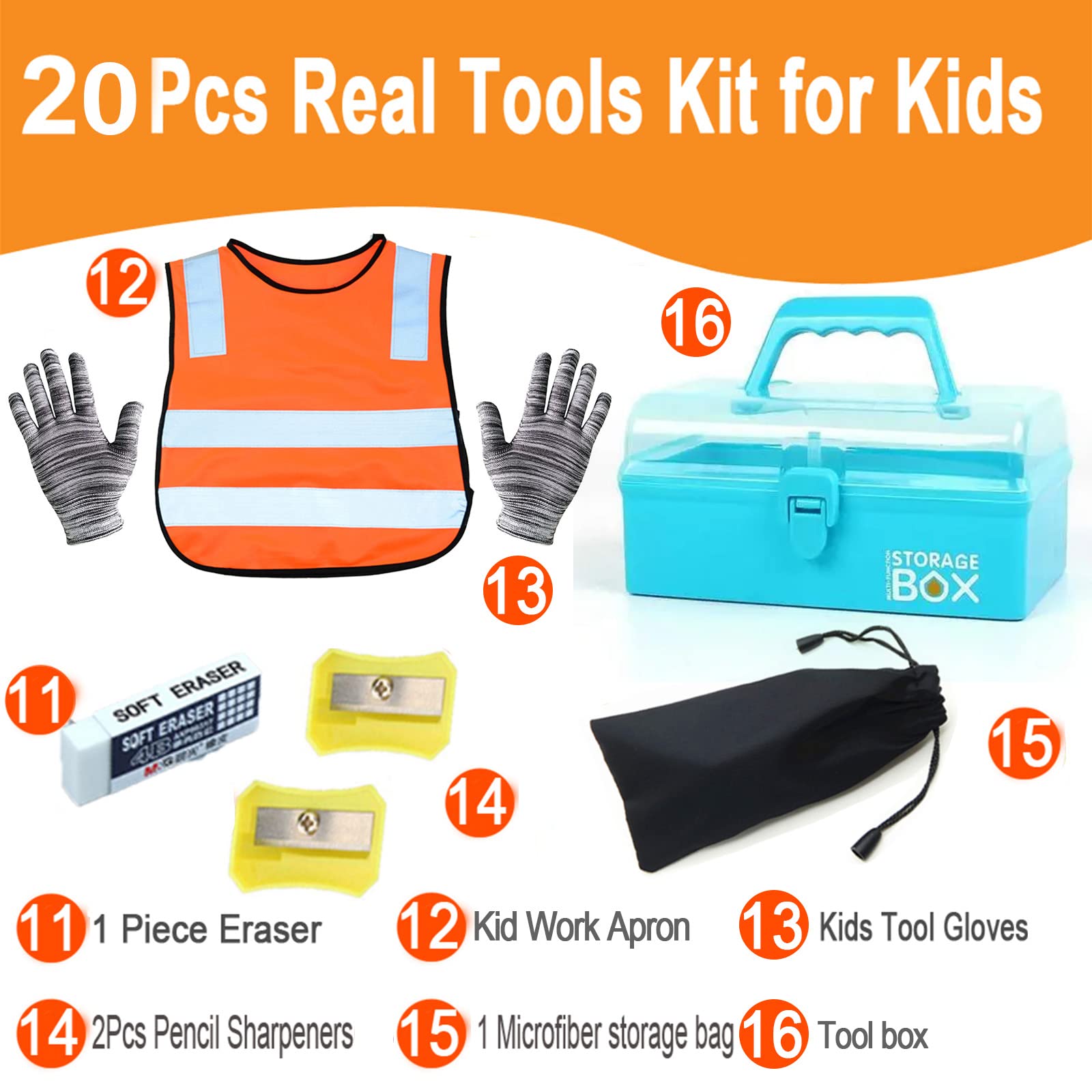 **20Pcs Kids Construction Tool Set with Blue Toolbox & Safety Gear – Beginner Woodworking Tools, STEM Educational Gift for Boys & Girls – Perfect for DIY Projects & Pretend Play**