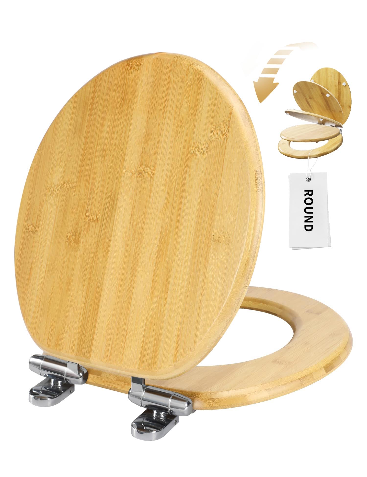 Round Bamboo Toilet Seat with Lid - Quick Release, Slow Close, Zinc Alloy Hinges - 17 Inch Lightweight Natural Bamboo - Perfect for Bathroom, Home & RV Use