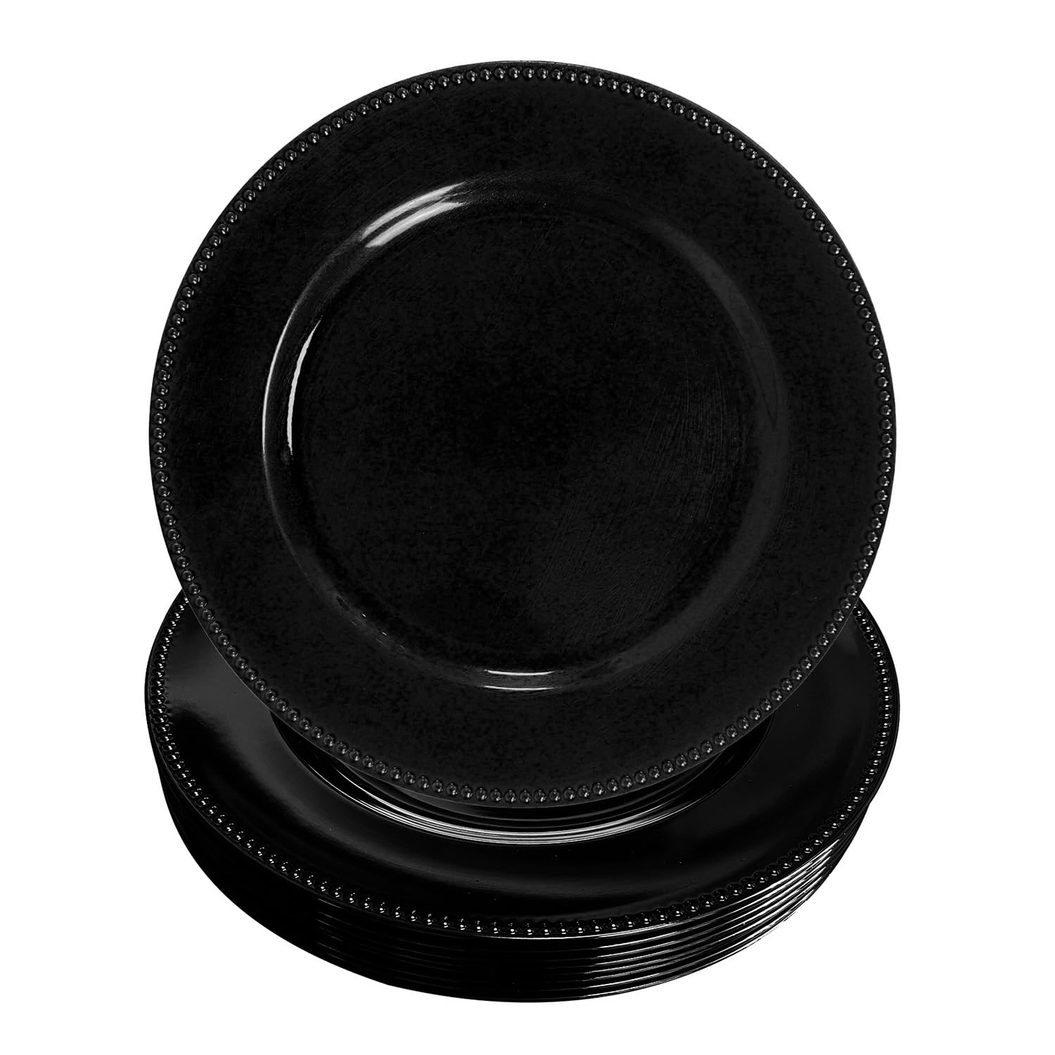 WELMATCH 12-Pack Black Plastic Beaded Charger Plates - 13 Inch Round Decorative Dinner Plates for Weddings, Parties & Formal Events - Elegant Table Setting Decor (Set of 12)