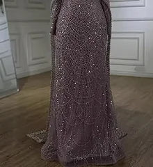 Luxury Dubai Muslim Sage Green Pearls Evening Dress with Cape - Plus Size LA72591 for Wedding, Party & Special Occasions