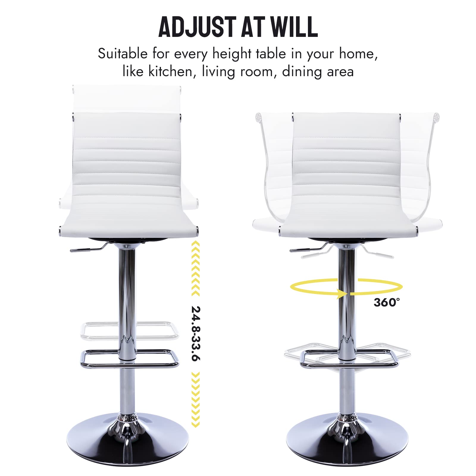 Modern White PU Leather Metal Bar Stools Set of 4 - Height Adjustable Armless Counter Stools with Chrome Base for Kitchen Island, Bar & Dining Room - Perfect for Home, Restaurant & Cafe Use