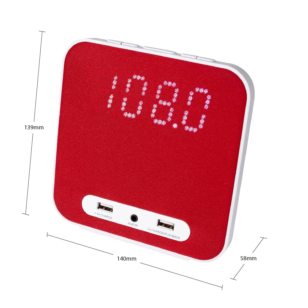 HANNLOMAX HX-145CR Digital Alarm Clock Radio with FM PLL Tuner, Dual Alarm, 2 USB Charging Ports (2.4A+1A), Aux Input - Perfect for Bedroom, Office, Travel (Red)