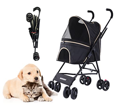 ROODO Lightweight Compact Pet Stroller for Small Dogs & Cats Under 16lbs - Portable Travel Stroller for Puppies & Kittens - Perfect for Park Walks, Vet Visits & Shopping Trips (Black)