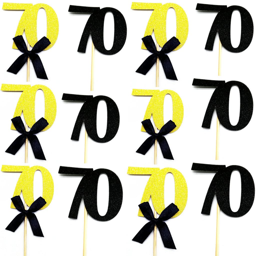 Black & Gold Glitter 70th Birthday Cupcake Toppers - 12pc Elegant Cake Decorations for Anniversary Parties, Weddings & Special Celebrations - Perfect for 70th Birthday Cakes, Dessert Tables & Milestone Events