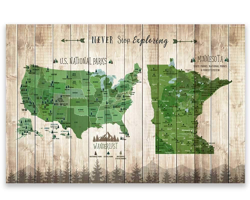 Minnesota State Park & National Park Travel Map - Wrapped Canvas Push Pin Wall Art - 12x16, 18x24, 24x36 Inches - Perfect for Adventure Tracking & Home Decor