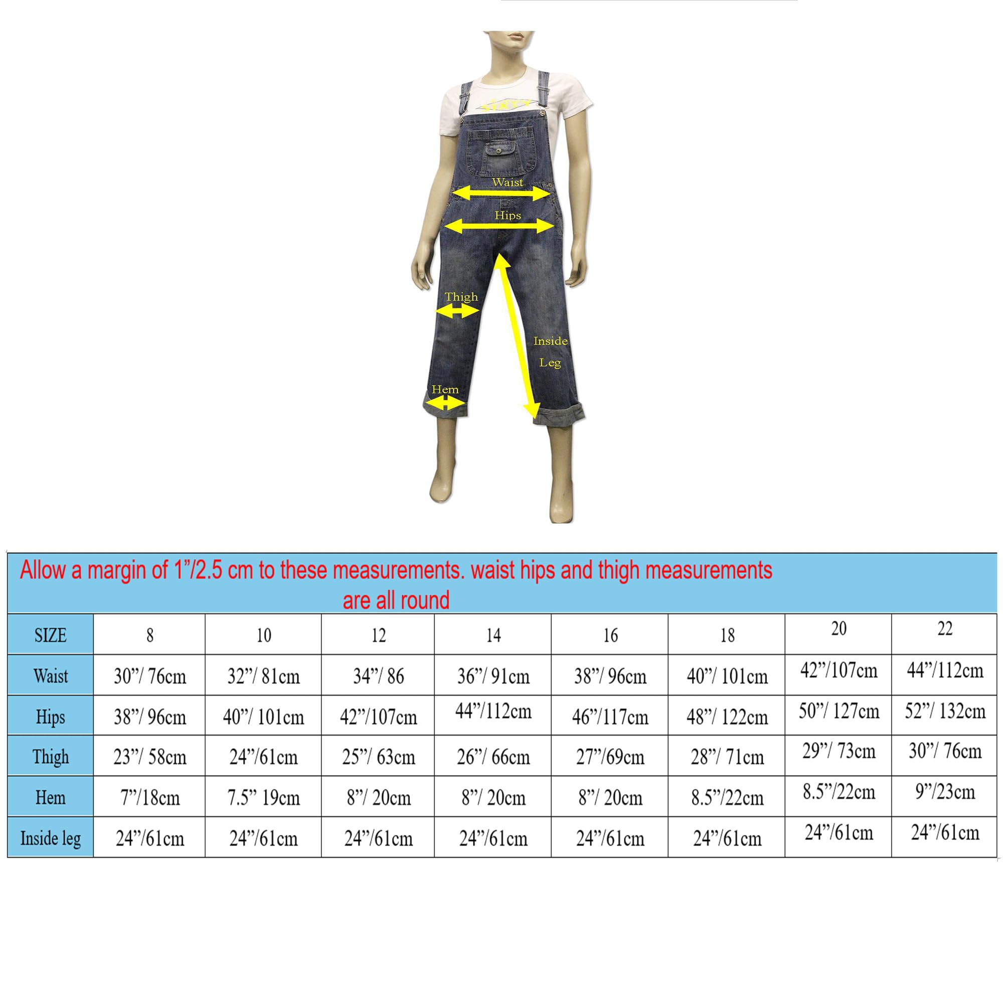 Women's Clove Jeans Capri Dungarees - Straight Leg Blue Denim Jumpsuit with Coin Pocket - Plus Size 8-22 - Casual Outfit for Work, Weekend & Street Style