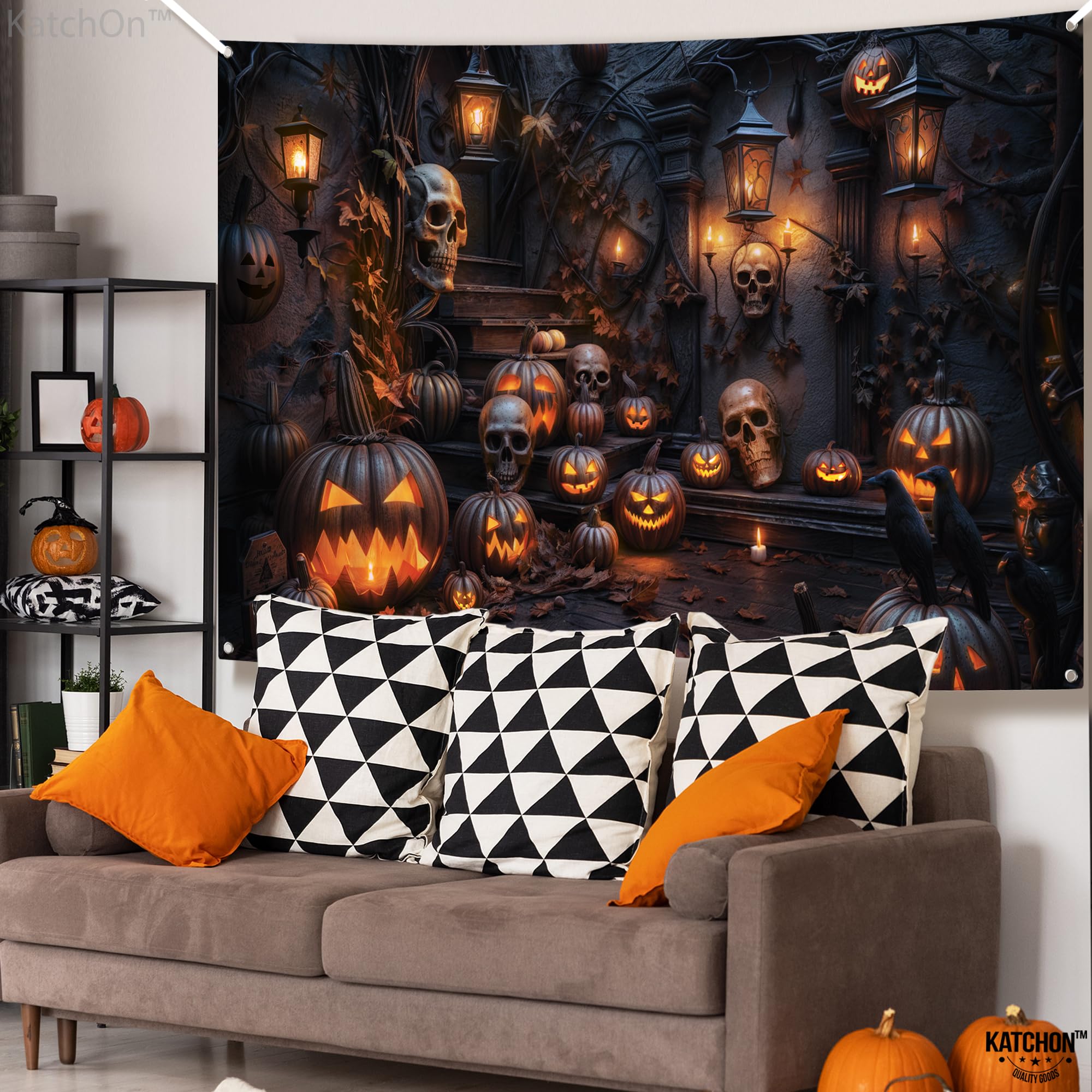KatchOn Extra Large Halloween Backdrop 72x44 Inch - Spooky Party Decor, Pumpkin Photo Booth Background for Halloween Celebrations & Themed Events