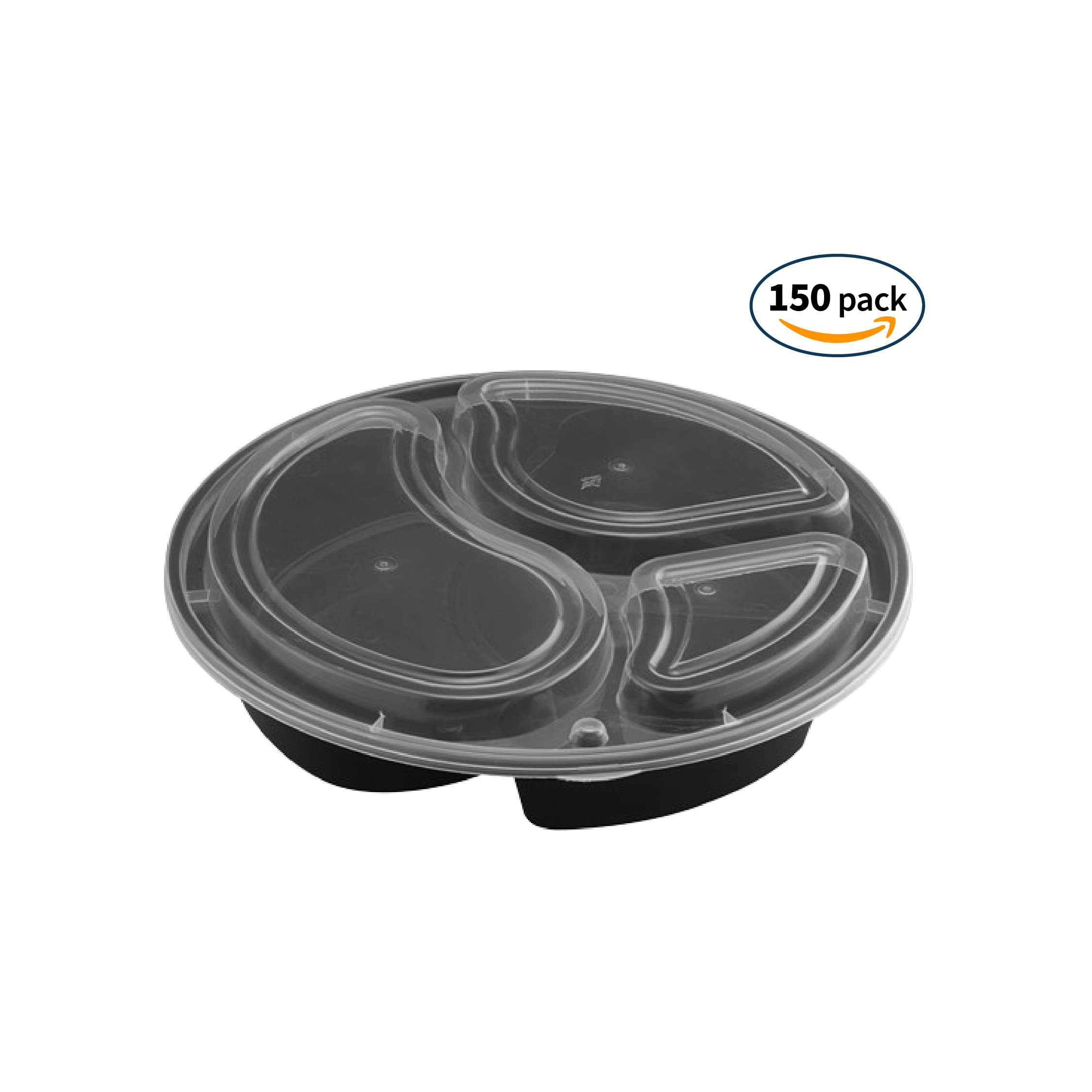 TIYA 45 oz Takeout Food Containers - Bulk 150 Pack with Lids - Round 3-Compartment Microwave Safe Meal Prep Containers - Reusable, Dishwasher Safe & Leak-Proof - BPA-Free Plastic To-Go Boxes for Restaurants, Catering, Picnics & Leftovers Storage