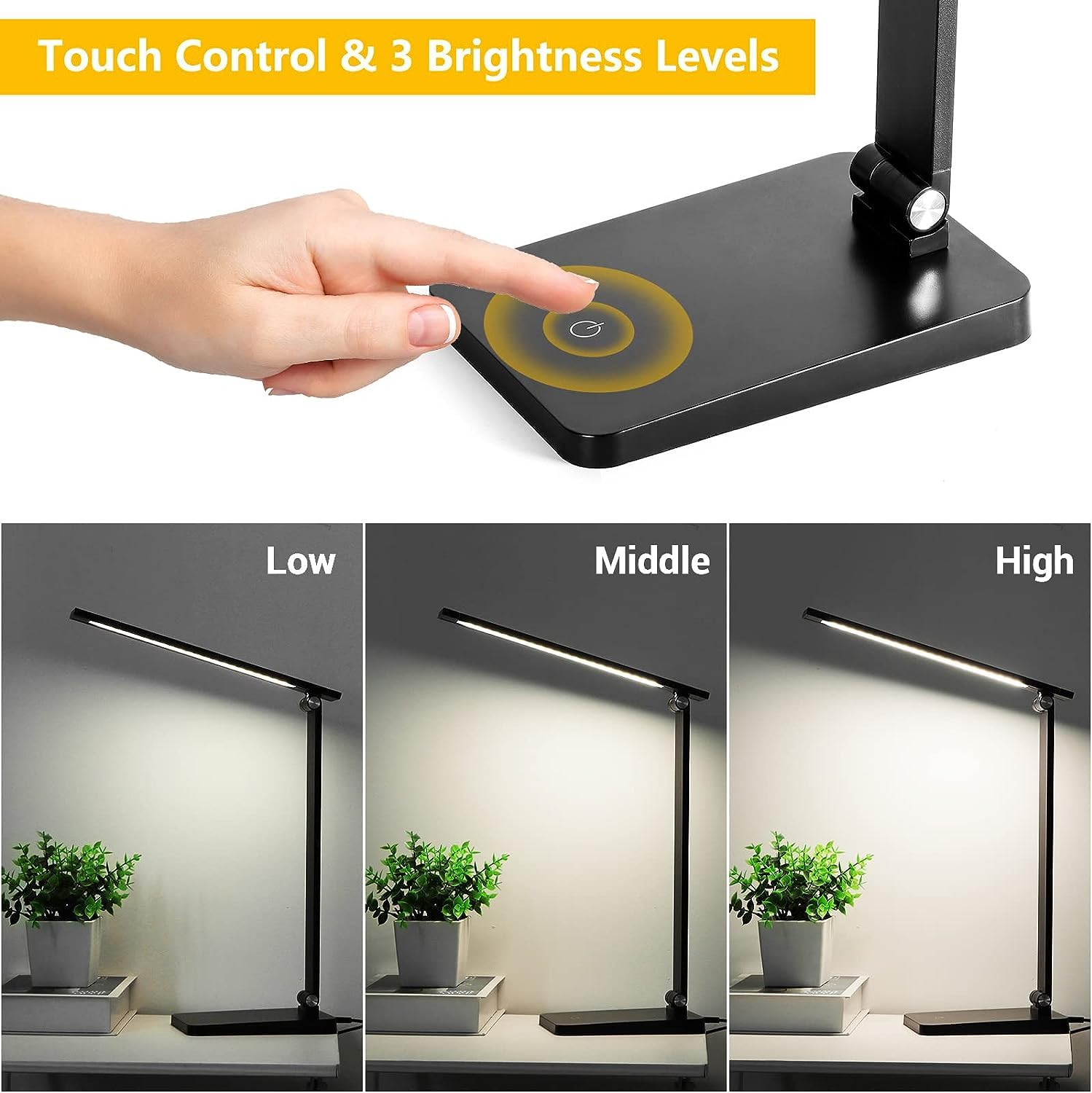 Adjustable LED Desk Lamp with USB Charging Port - 3-Level Dimmable Study Light for Home Office, 5000K Natural White Light, Compact Reading Lamp for Work & Study (Black) | Perfect for Night Reading, Computer Work & Home Office Tasks