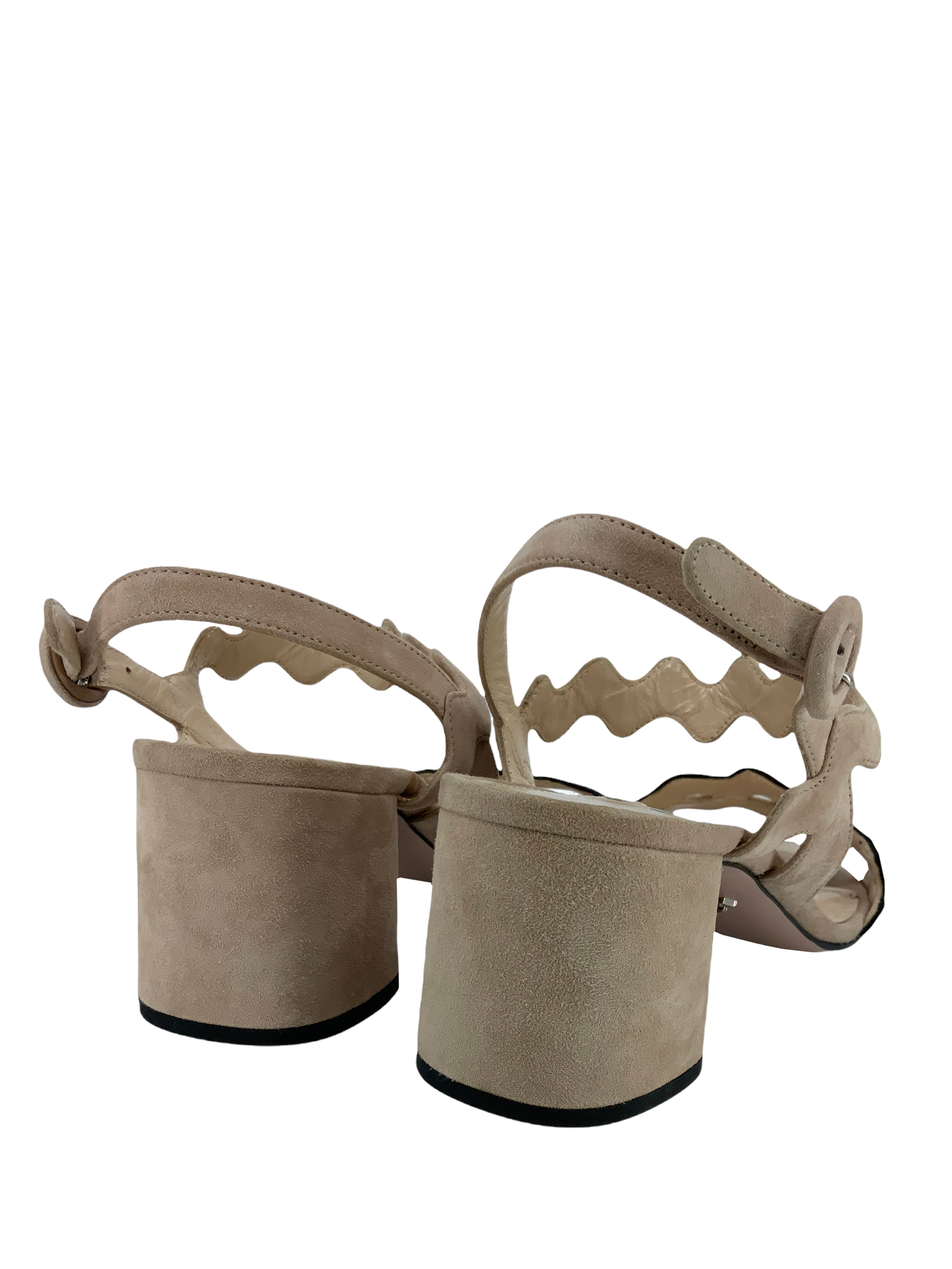Prada Scalloped Suede Block Heel Sandals Women's Size 9 | Luxury Designer Shoes for Weddings, Parties & Special Occasions
