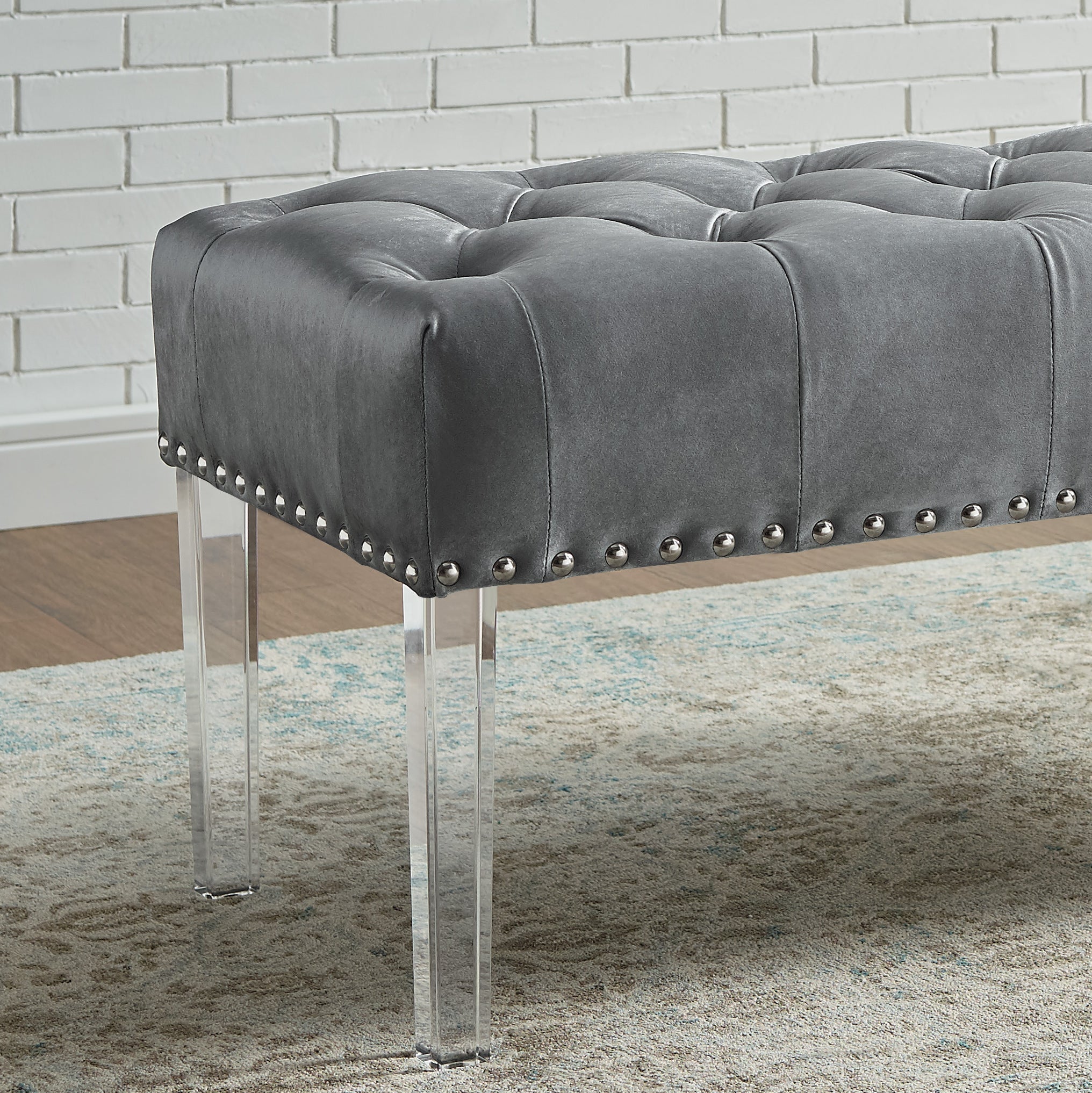 Roundhill Furniture Valley Button Tufted Velvet Upholstered Bench with Acrylic Legs - Gray Velvet Storage Ottoman for Bedroom, Living Room & Entryway